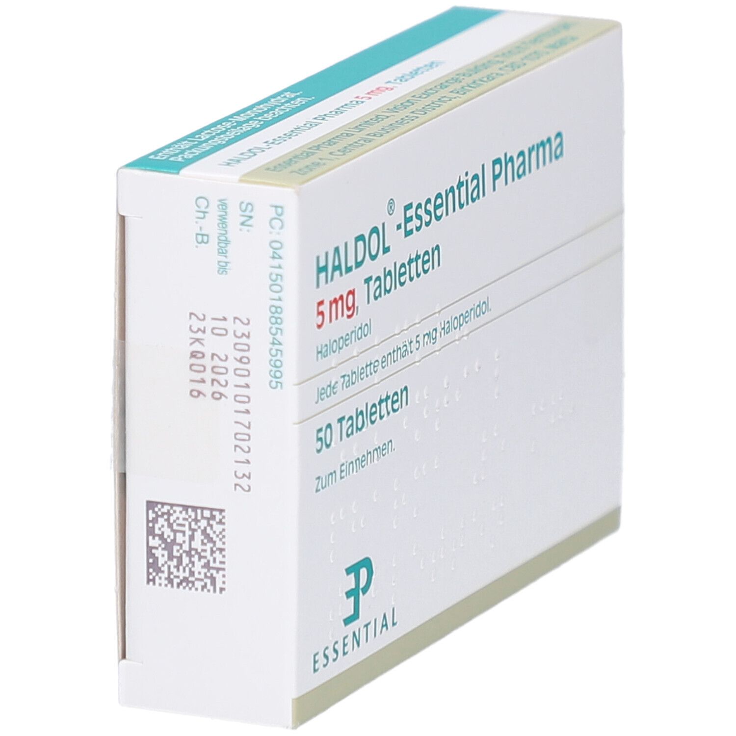 Schachtel HALDOL-Essential Pharma 5 mg Tabletten. 50 Tabletten. Text: Haloperidol. Logo Essential Pharma. Seitenansicht.
