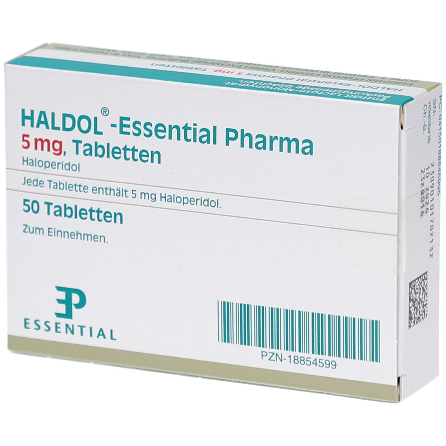 Schachtel HALDOL-Essential Pharma 5 mg Tabletten. 50 Tabletten. Text: Haloperidol. Logo Essential Pharma. Seitenansicht.