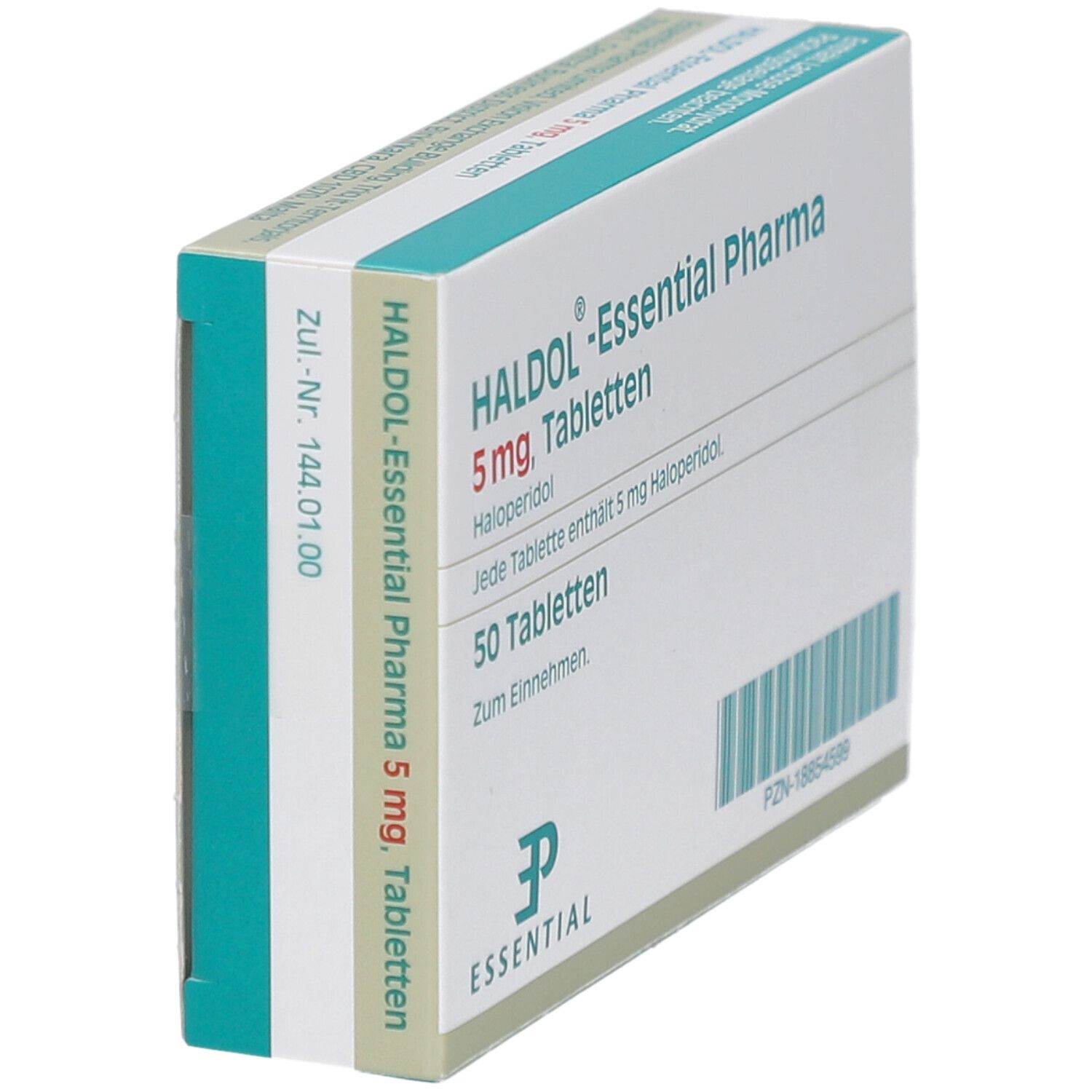 Schachtel HALDOL-Essential Pharma 5 mg Tabletten. 50 Tabletten. Text: Haloperidol. Logo Essential Pharma. Seitenansicht.