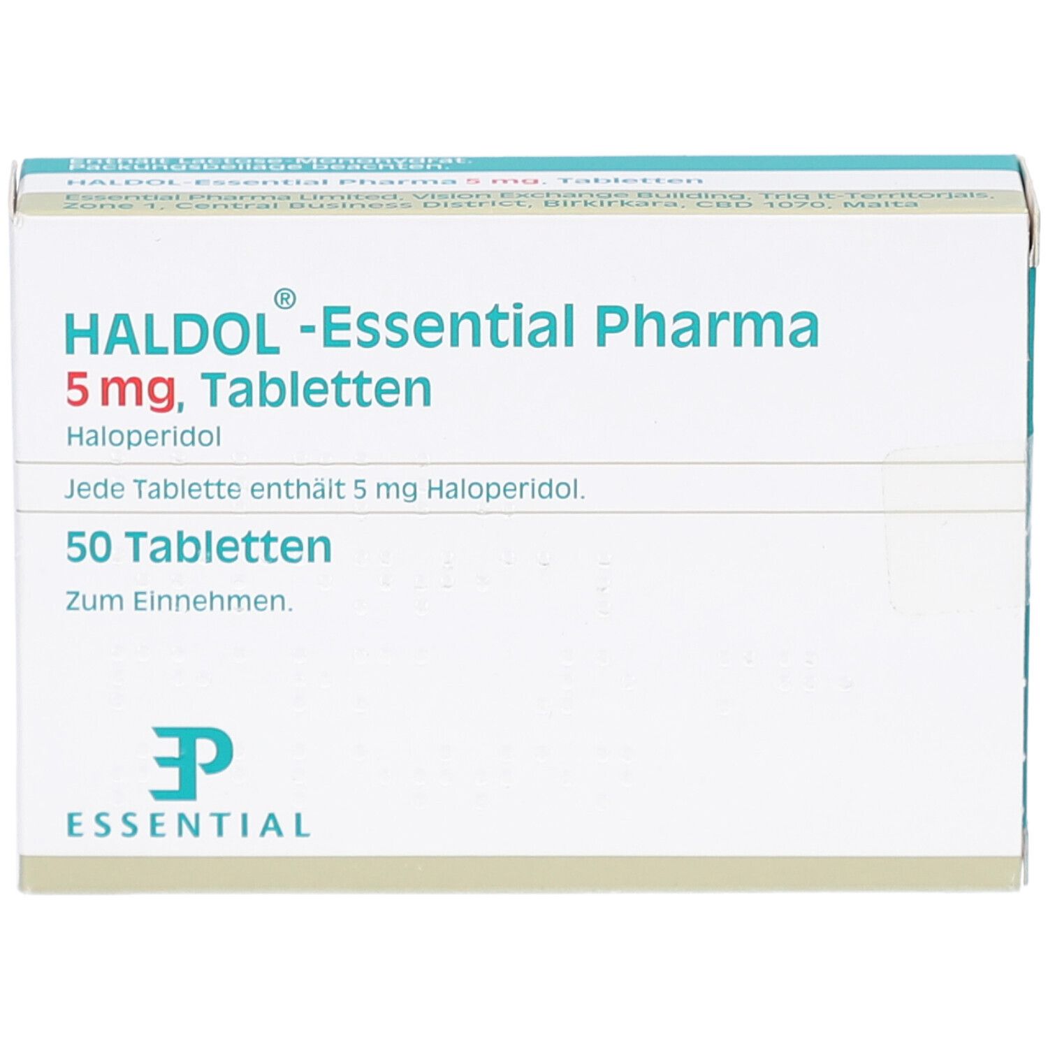Schachtel HALDOL-Essential Pharma 5 mg Tabletten. 50 Tabletten. Text: Haloperidol. Logo Essential Pharma.