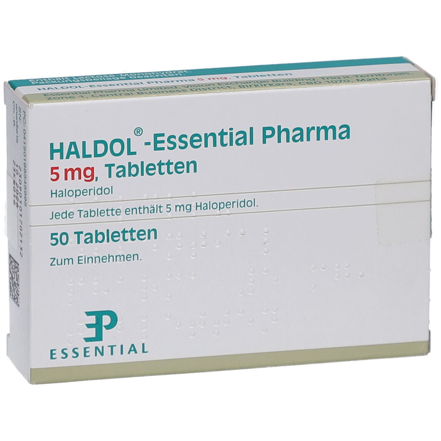 Schachtel HALDOL-Essential Pharma 5 mg Tabletten. 50 Tabletten. Text: Haloperidol. Logo Essential Pharma. Seitenansicht.