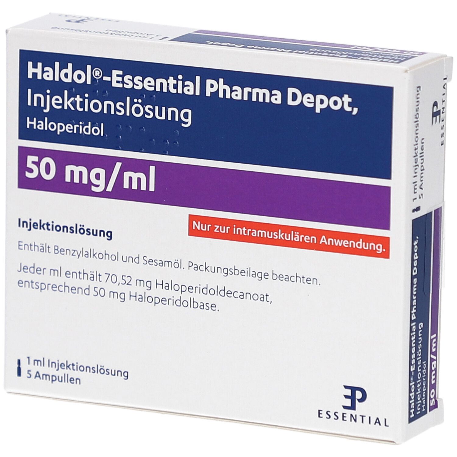 Karton HALDOL-Essential Pharma Depot, Injektionslösung. 50 mg/ml. Enthält 5 Ampullen. Blaue und weiße Verpackung mit Text.