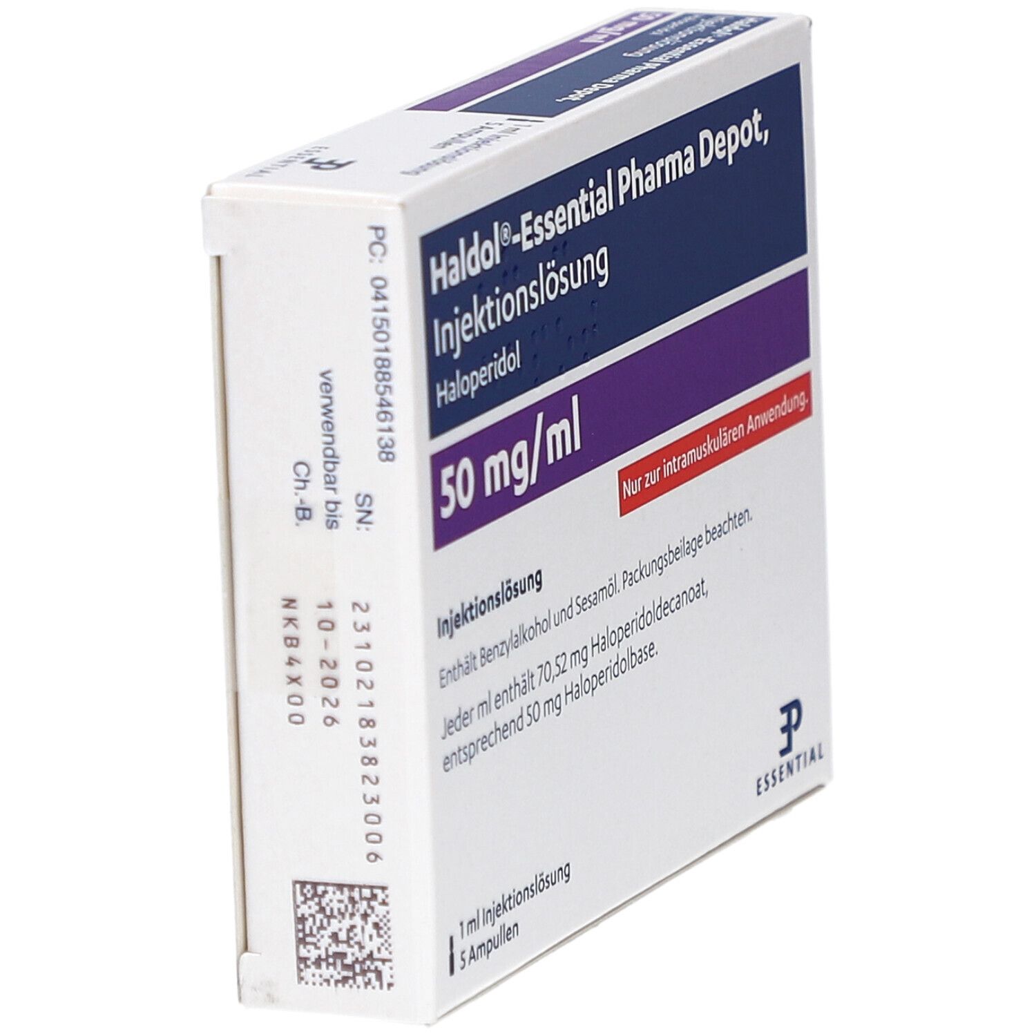 Karton HALDOL-Essential Pharma Depot, Injektionslösung. 50 mg/ml. Seitenansicht. Weiße Verpackung mit blauem und violettem Text.