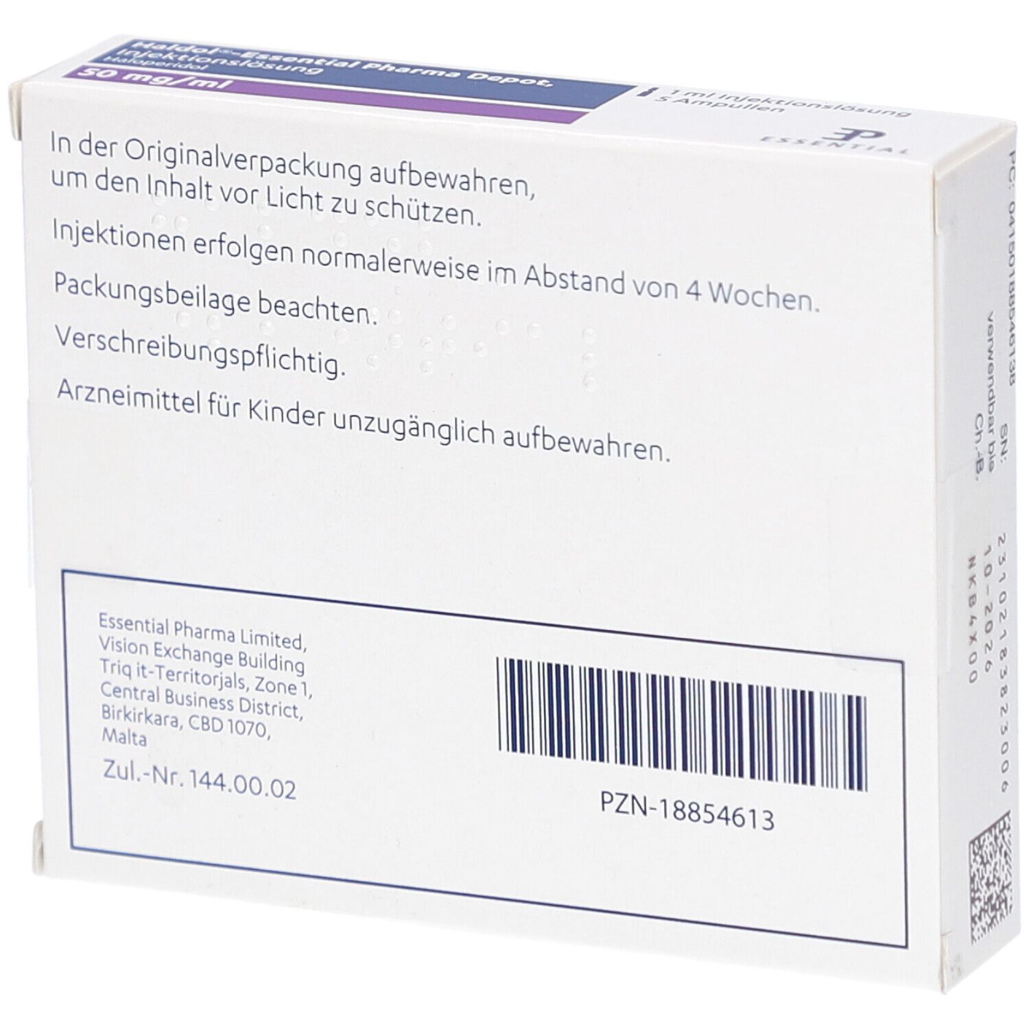 Rückseite der Verpackung von HALDOL-Essential Pharma Depot. Enthält Text über Lagerung und Anwendung. Weiße Verpackung.