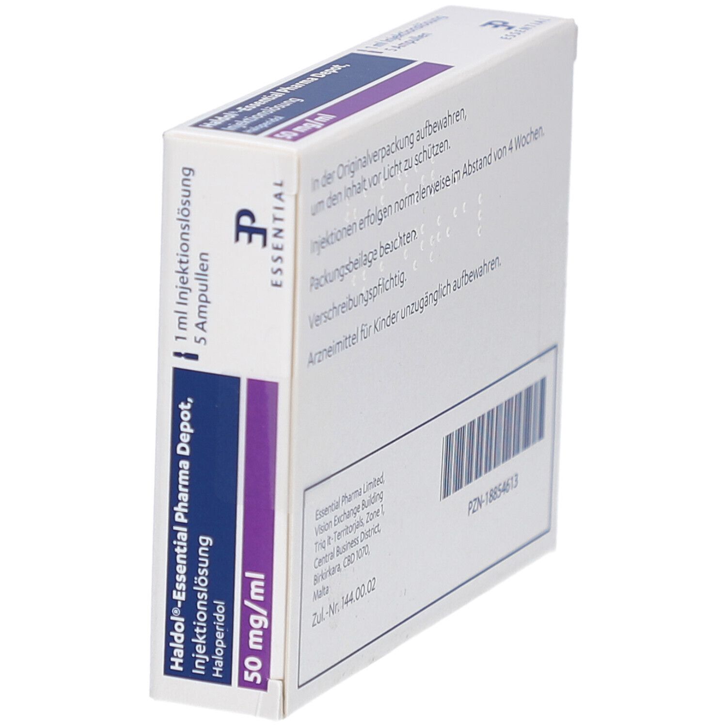 Seitenansicht der Verpackung von HALDOL-Essential Pharma Depot. Enthält Text und Logo. Weiße Verpackung mit violettem Akzent.