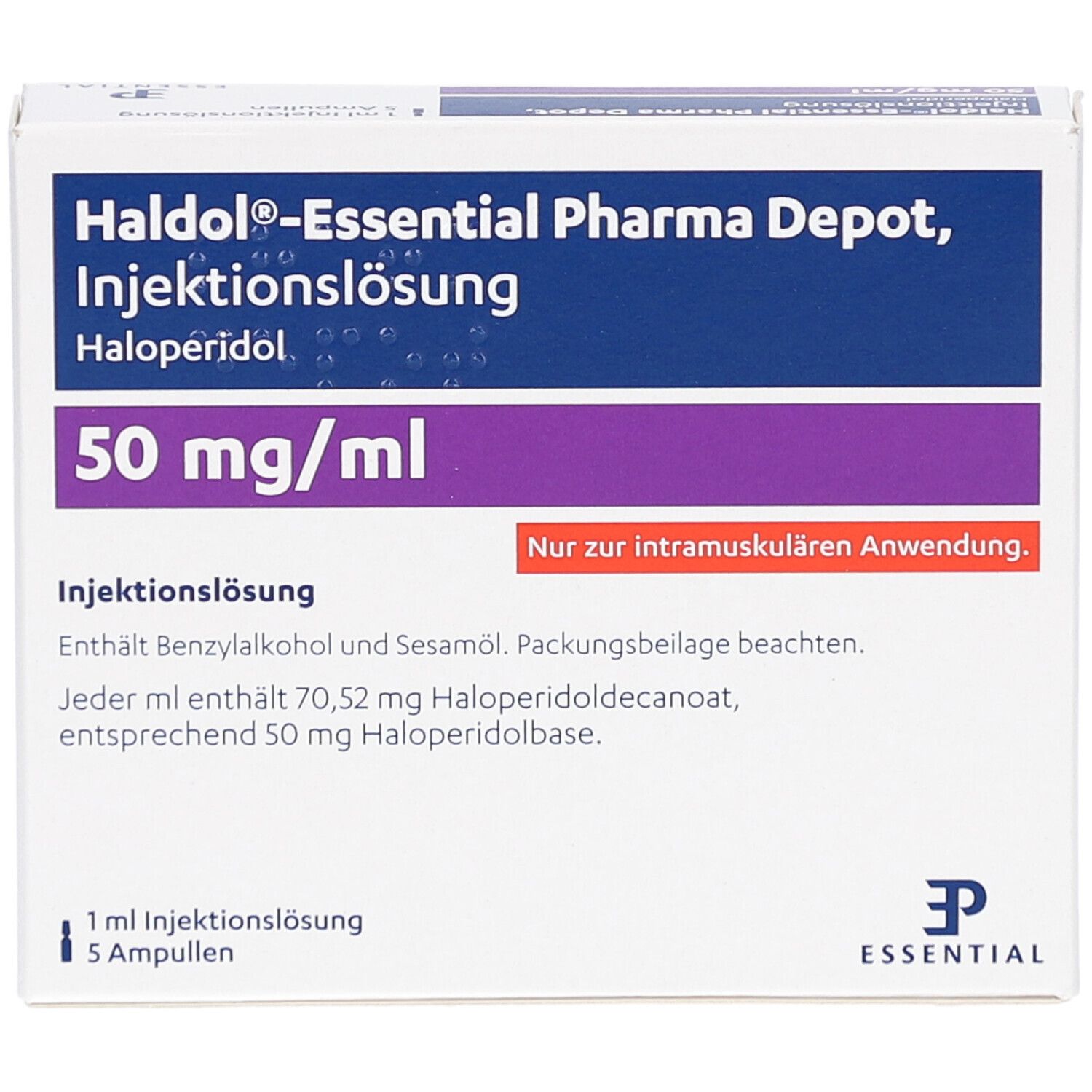 Karton HALDOL-Essential Pharma Depot, Injektionslösung. 50 mg/ml. Enthält 5 Ampullen. Blaue und violette Verpackung mit Text.