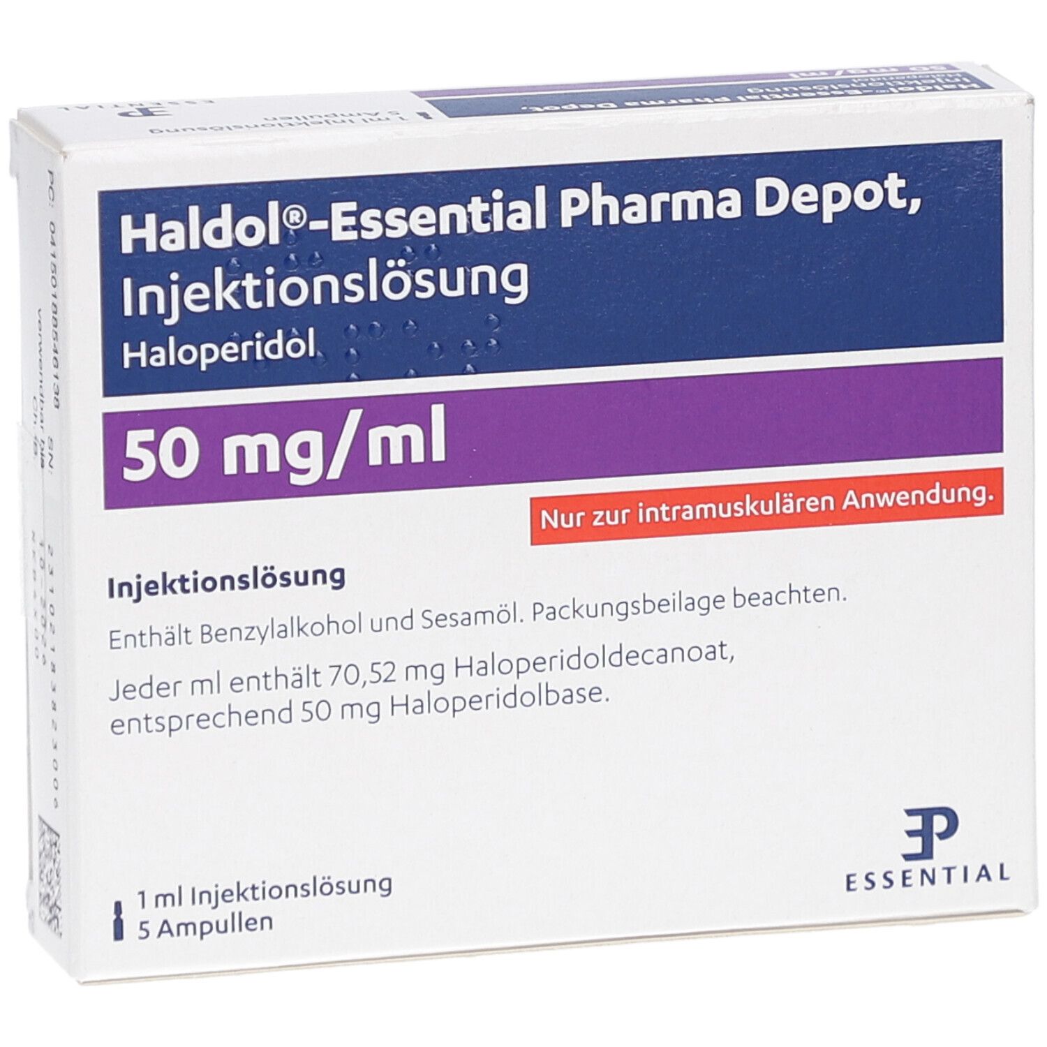 Karton HALDOL-Essential Pharma Depot, Injektionslösung. 50 mg/ml. Enthält 5 Ampullen. Blaue und weiße Verpackung mit Text.