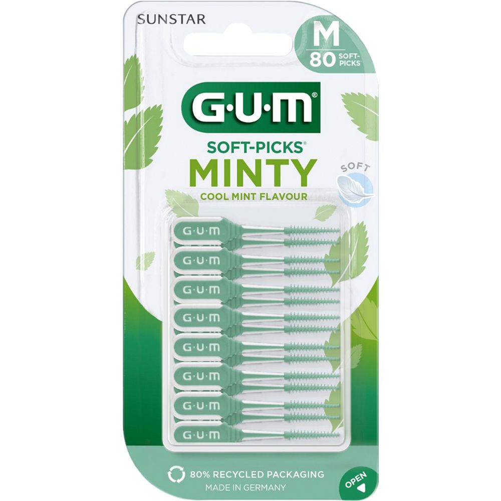 GUM Soft-Picks Minty. Packung mit 80 Interdentalbürsten. Grün-weiße Bürsten in transparenter Verpackung. Marke und Produktbezeichnung sichtbar.