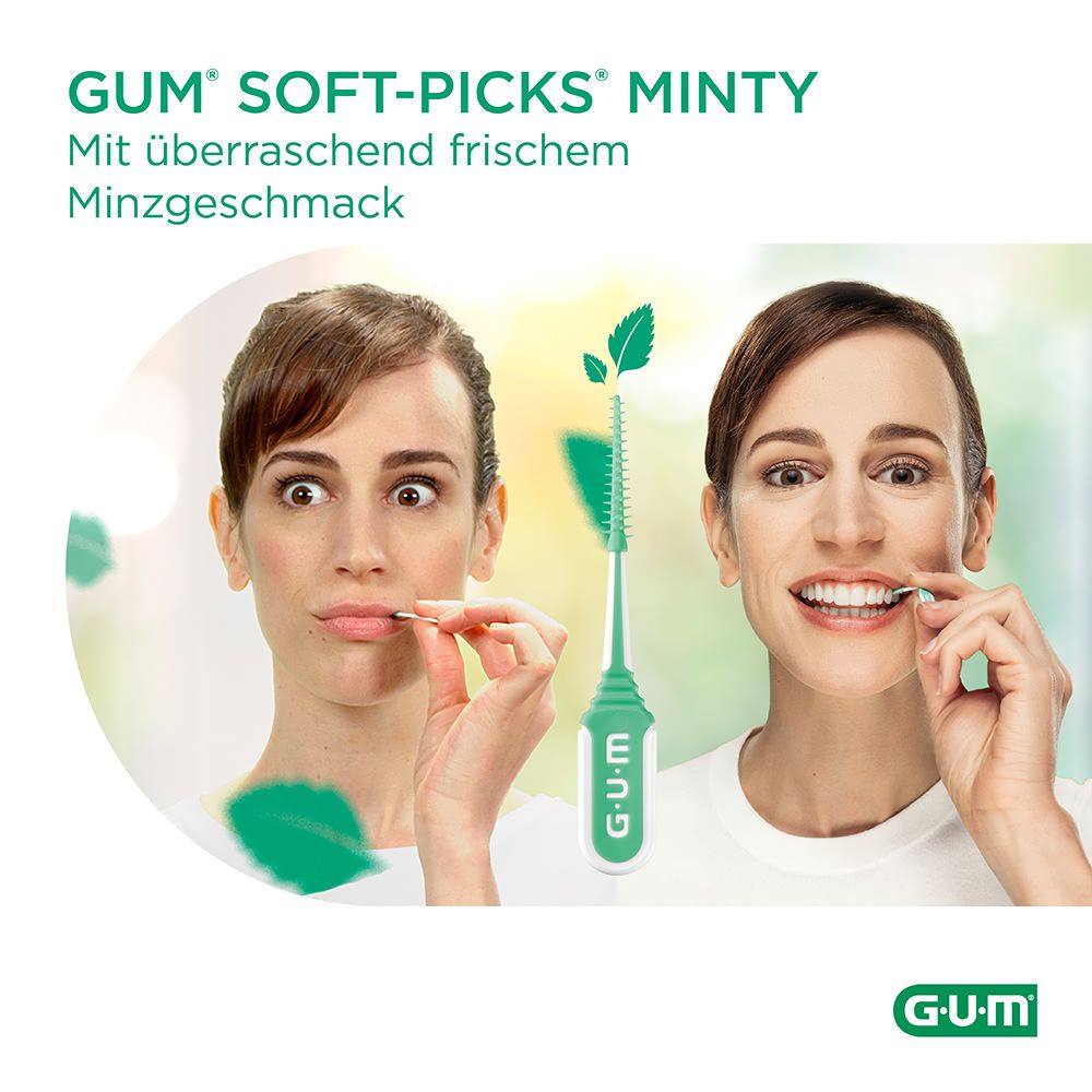 Zwei Frauen mit G.U.M Soft-Picks Minty. Eine Frau zieht Grimassen, die andere lächelt. Produkt und Minzblatt-Illustrationen.
