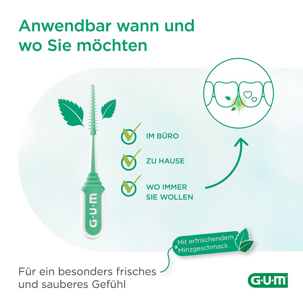 G.U.M Soft-Picks Minty, Anwendung überall. Illustrationen von Zähnen und Minzblättern. Text: Im Büro, zu Hause, wo immer Sie wollen.