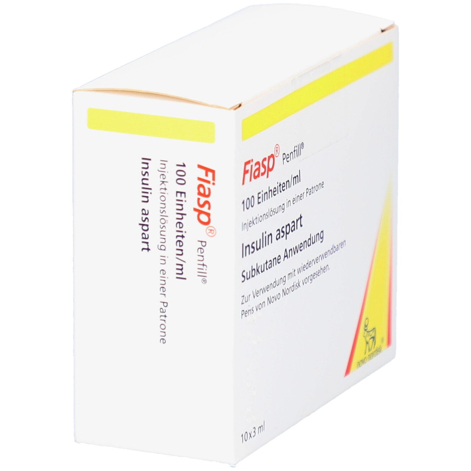 Weiße Kartonverpackung mit gelben Akzenten. Aufschrift: Fiasp Penfill, 100 Einheiten/ml, Insulin aspart, subkutane Anwendung. Novo Nordisk Logo.