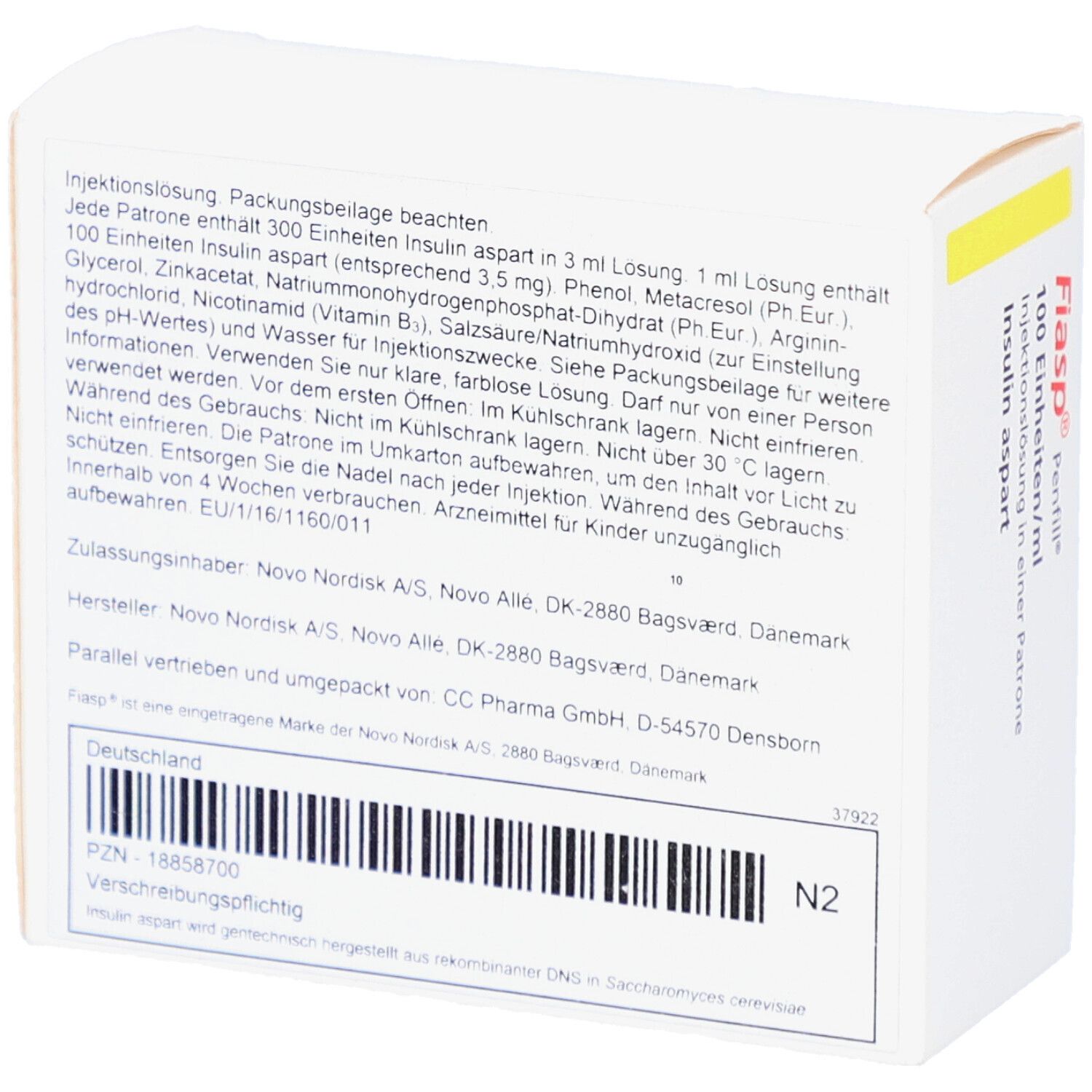 Rückseite der weißen Kartonverpackung. Textinformationen und Barcode. Herstellerinformationen: Novo Nordisk A/S.