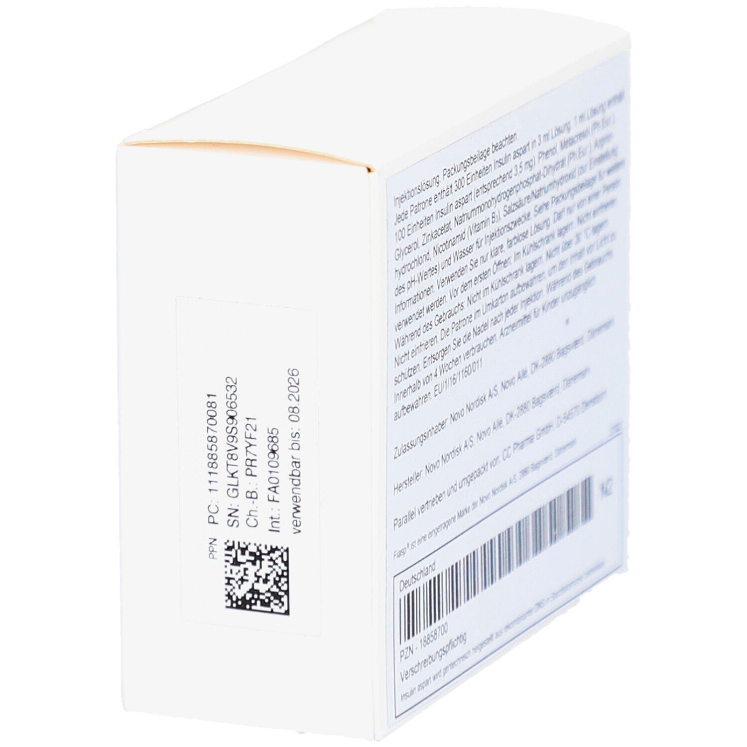 Rückseite der weißen Kartonverpackung. Textinformationen, Barcode und QR-Code. Verfallsdatum: 08.2026.