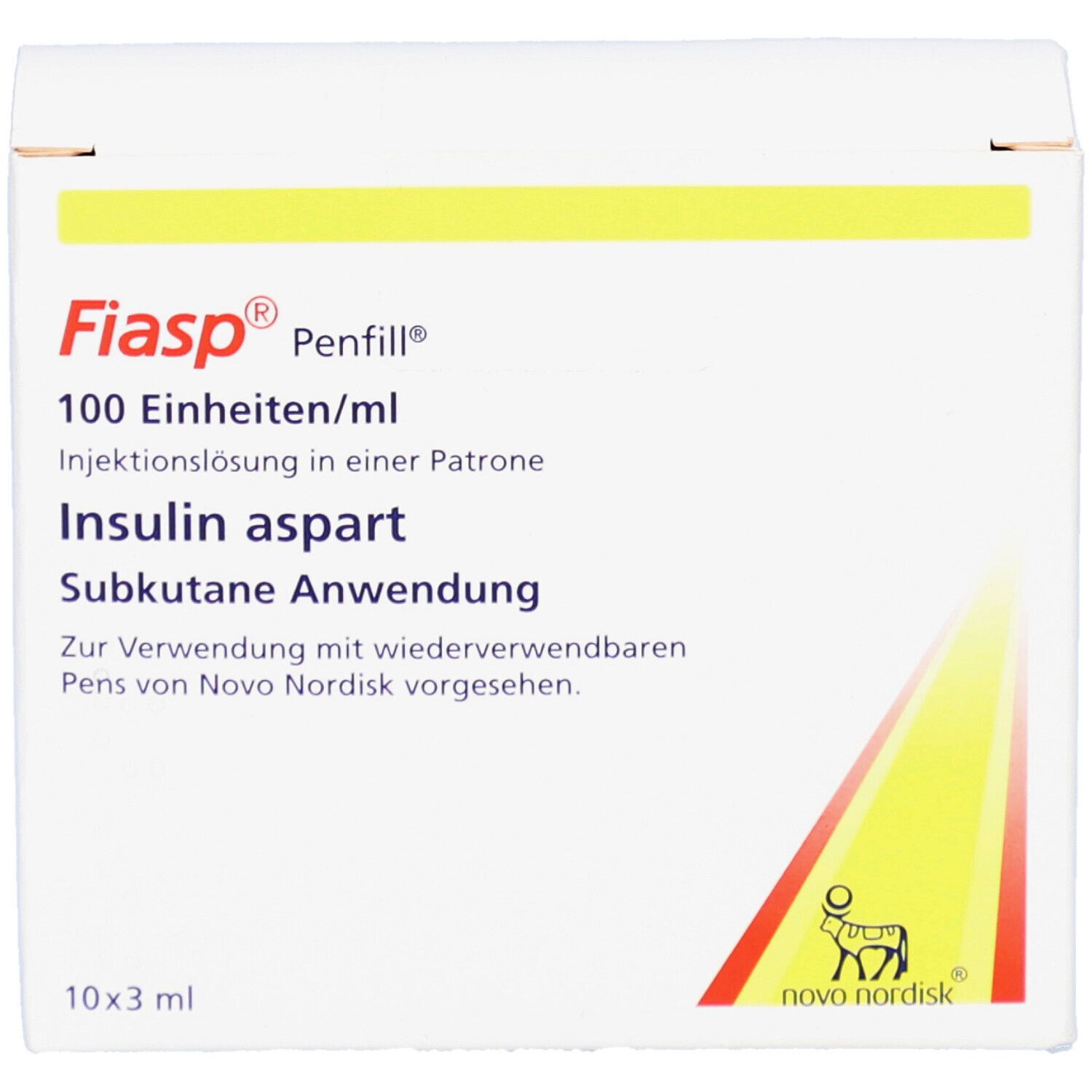 Weiße Kartonverpackung mit gelben Akzenten. Aufschrift: Fiasp Penfill, 100 Einheiten/ml, Insulin aspart, subkutane Anwendung. Logo Novo Nordisk.