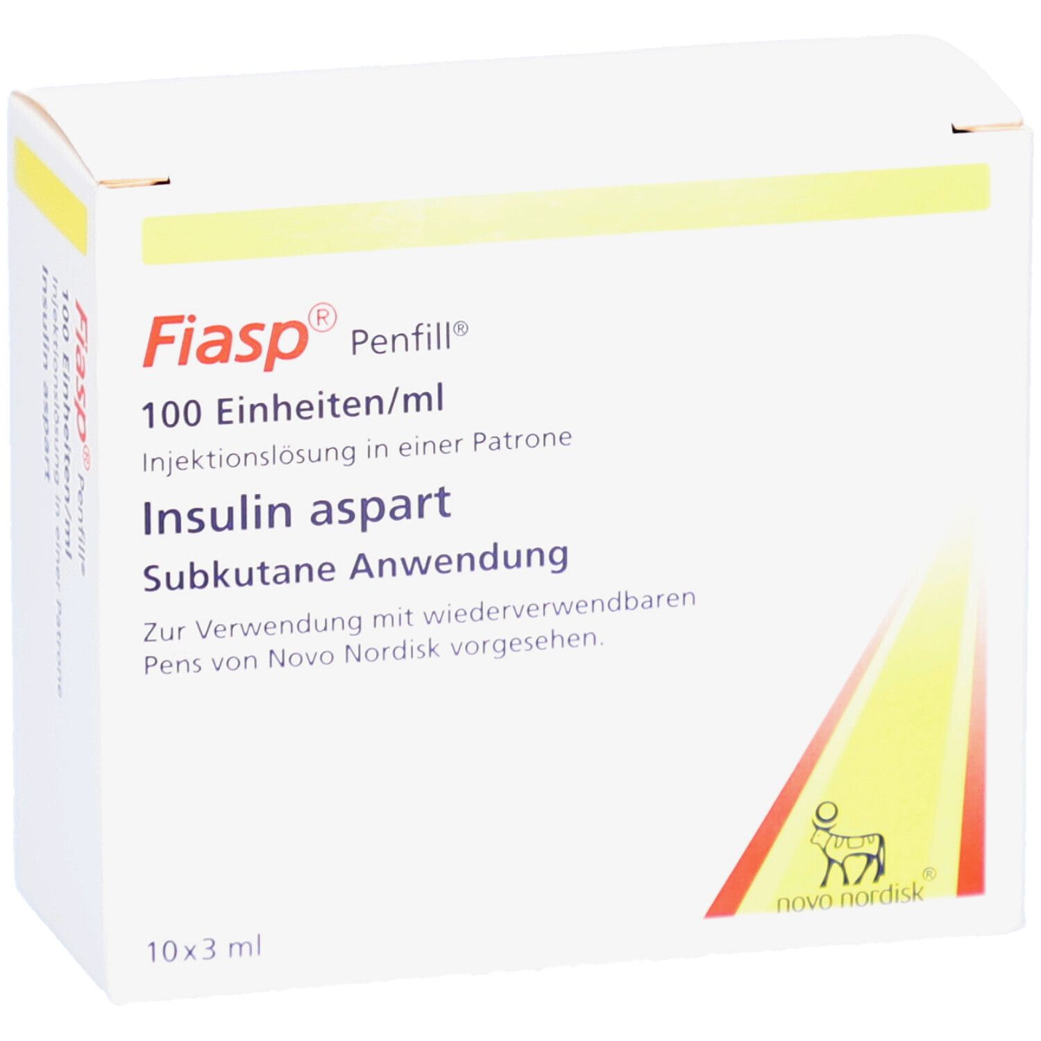 Weiße Kartonverpackung mit gelben Akzenten. Aufschrift: Fiasp Penfill, 100 Einheiten/ml, Insulin aspart, subkutane Anwendung. Logo Novo Nordisk.