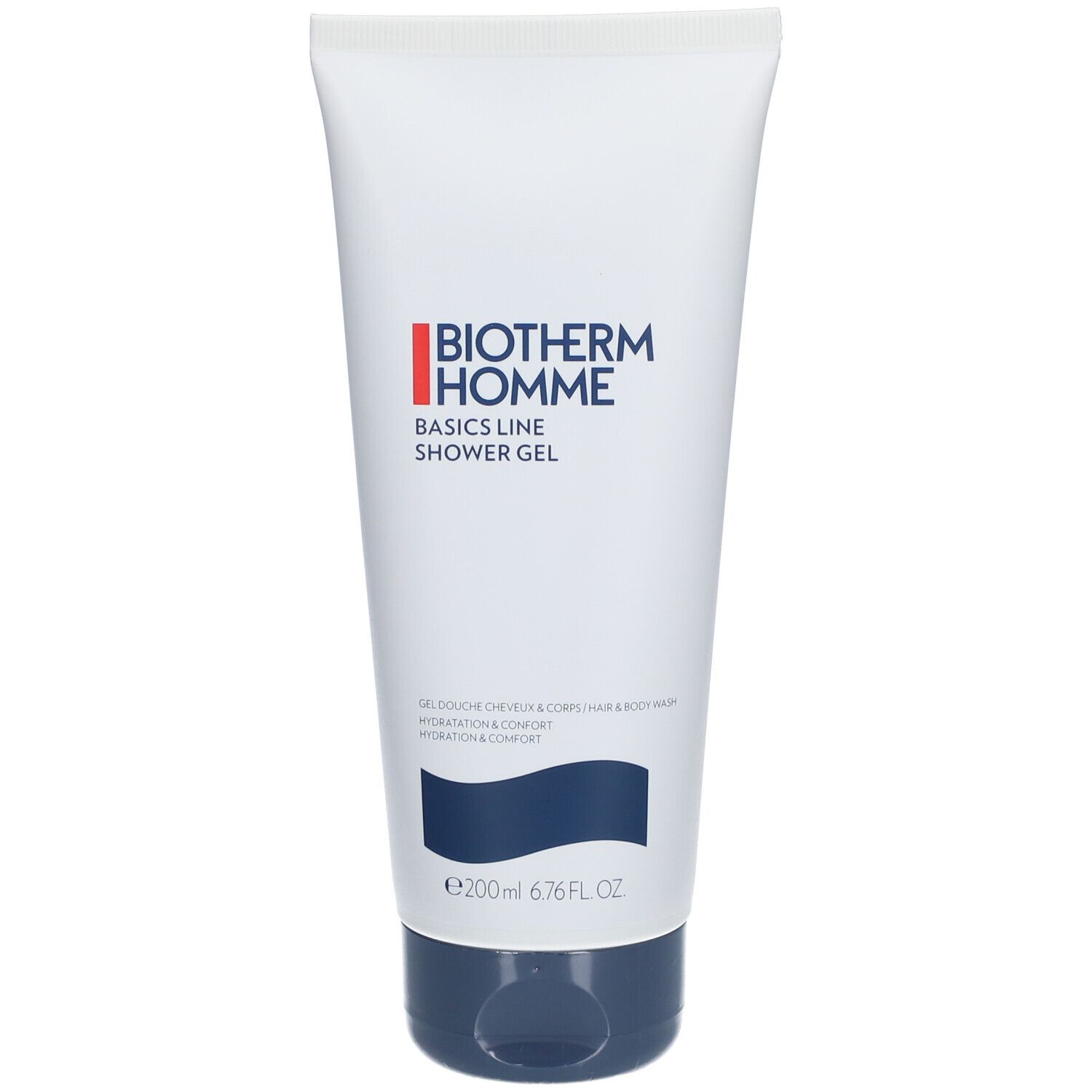 BIOTHERM Homme Basics Line Duschgel. Weiße Tube, blauer Deckel. Text: "SHOWER GEL".