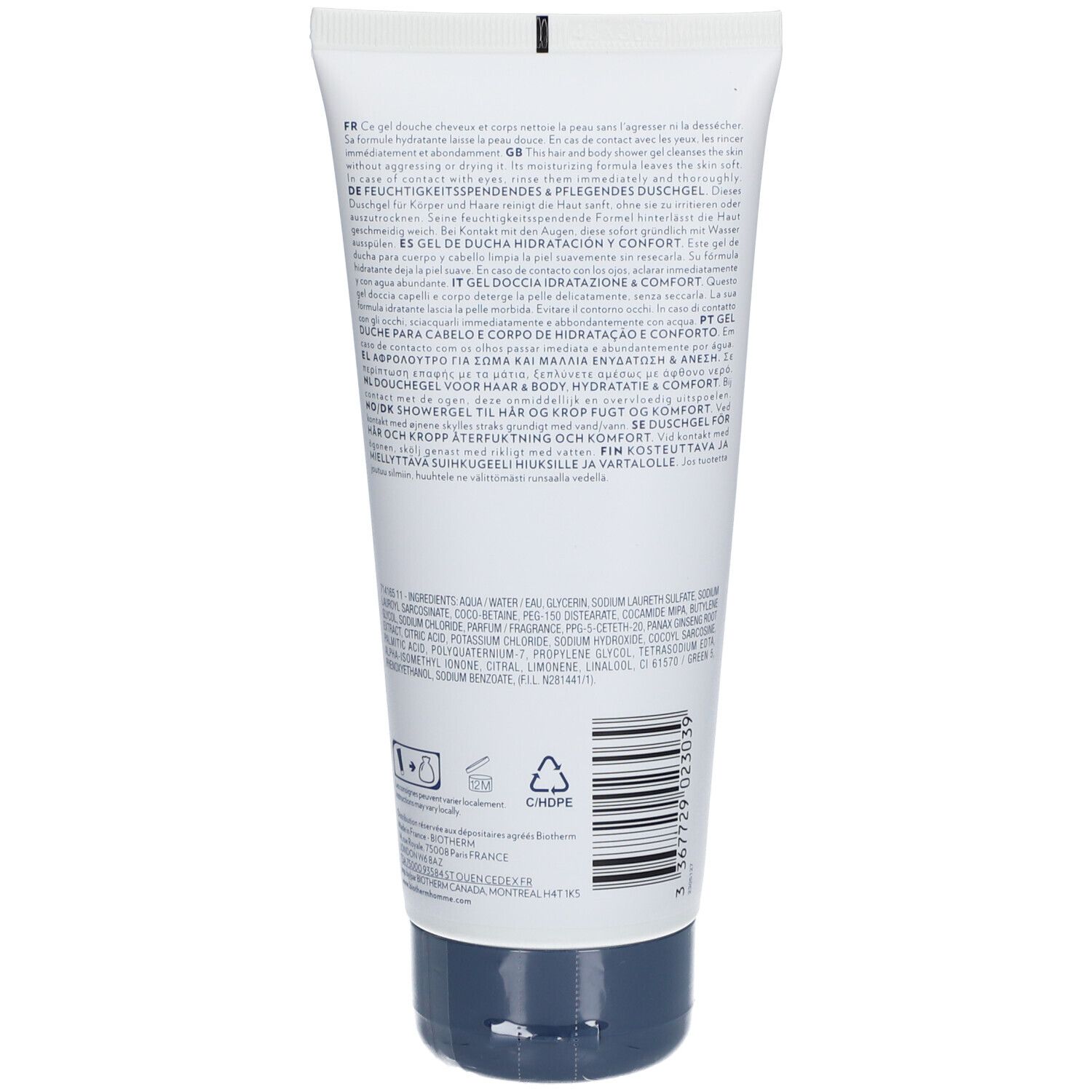 Rückseite der BIOTHERM Homme Basics Line Duschgel Tube. Text und Barcode.