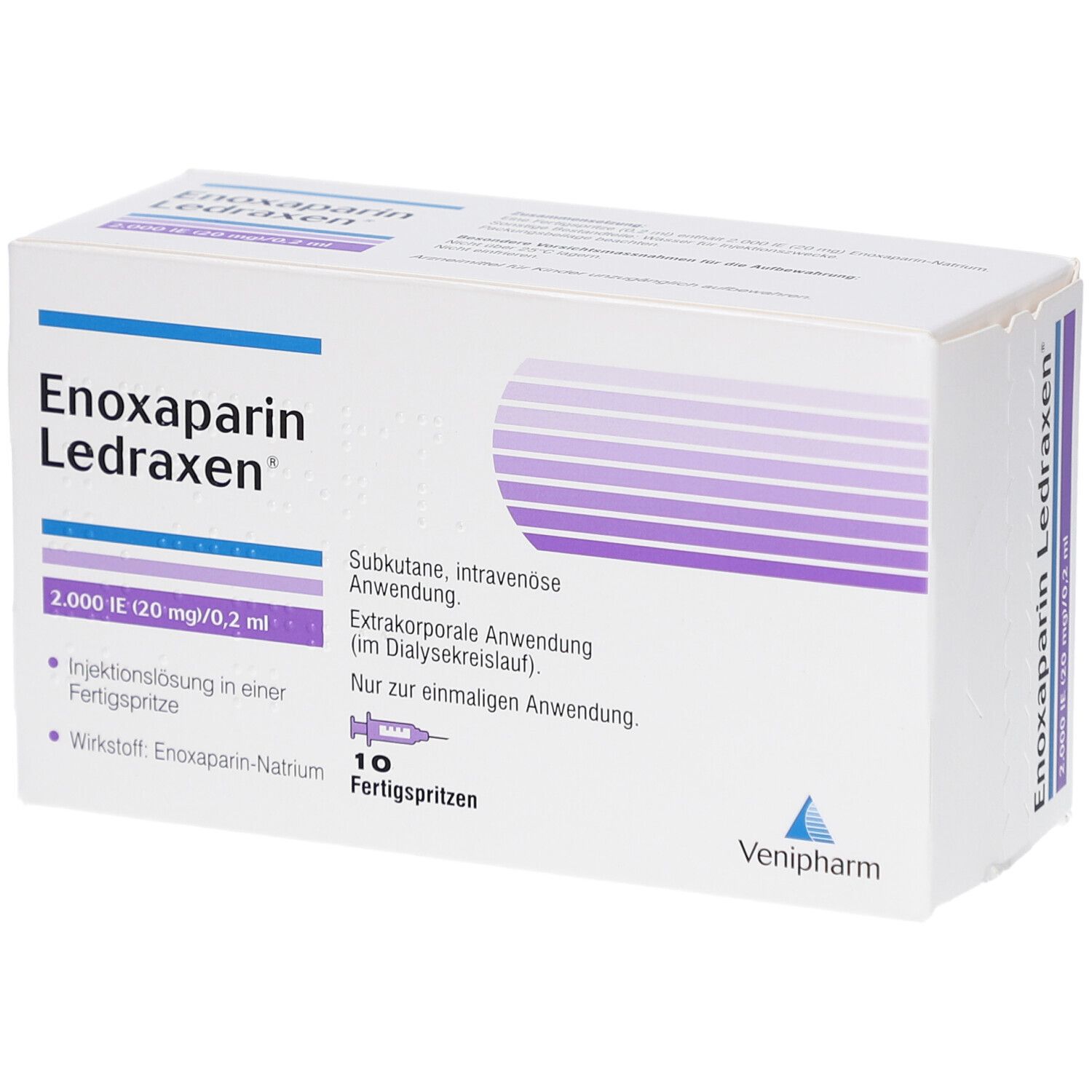 Karton mit Enoxaparin Ledraxen. 10 Fertigspritzen. Aufdruck: 2.000 IE (20 mg)/0,2 ml. Venipharm Logo.