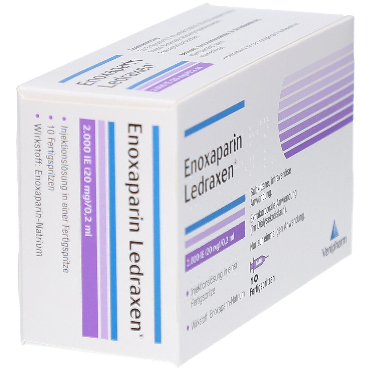 Schräg gestellte Packung Enoxaparin Ledraxen. Aufdruck: 2.000 IE (20 mg)/0,2 ml. 10 Fertigspritzen. Venipharm Logo.