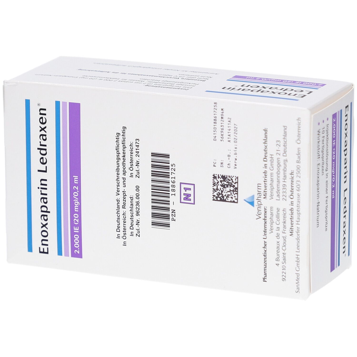 Rückseite der Enoxaparin Ledraxen Packung. Angaben zu Hersteller, Chargennummer, Zulassungsnummer und PZN.