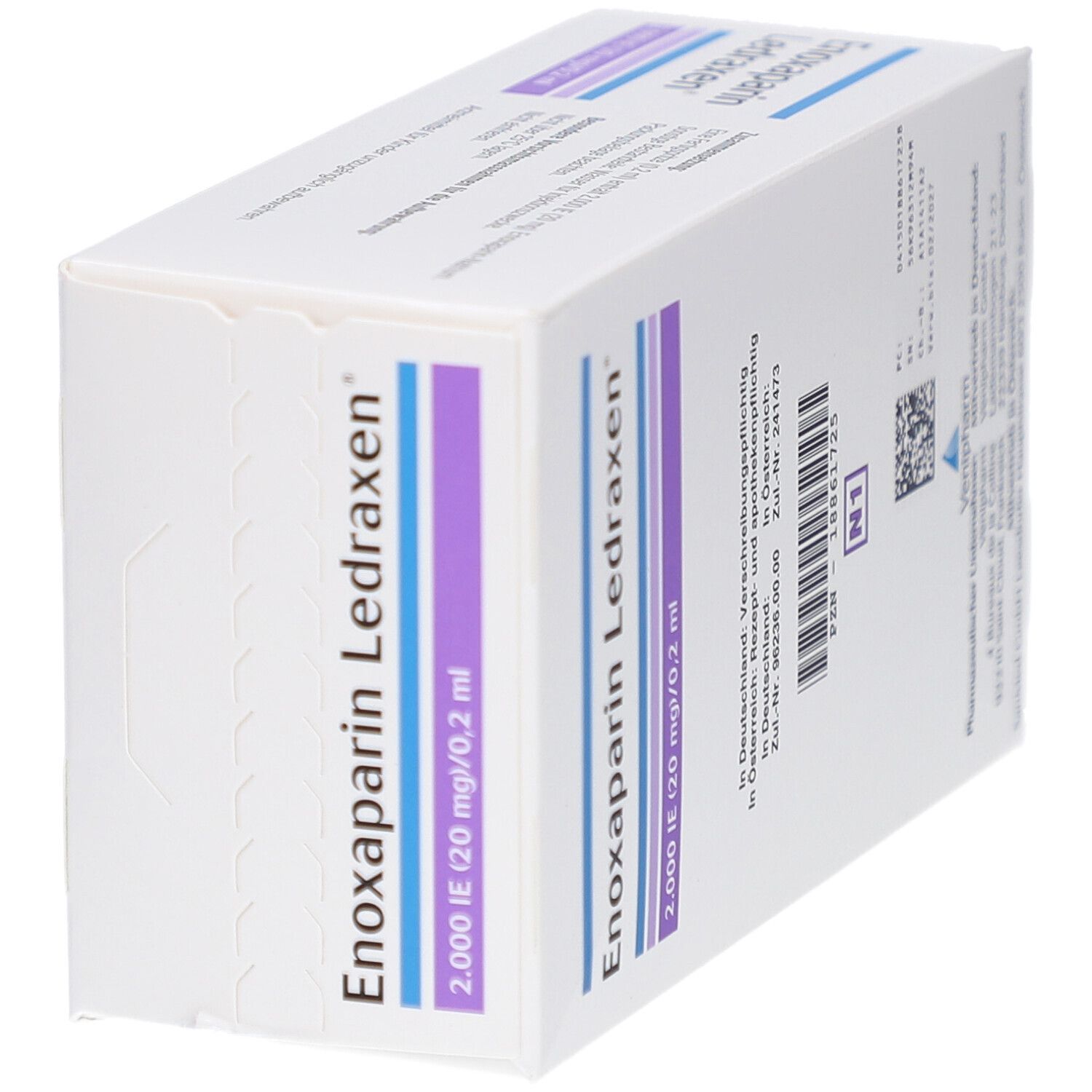 Schräg gestellte Packung Enoxaparin Ledraxen. Aufdruck: 2.000 IE (20 mg)/0,2 ml. Angaben zur Anwendung.