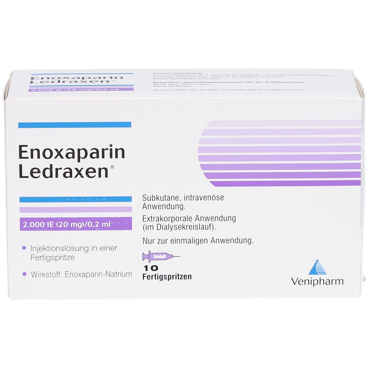 Enoxaparin Ledraxen Packung. Aufdruck: 2.000 IE (20 mg)/0,2 ml. 10 Fertigspritzen. Venipharm Logo.