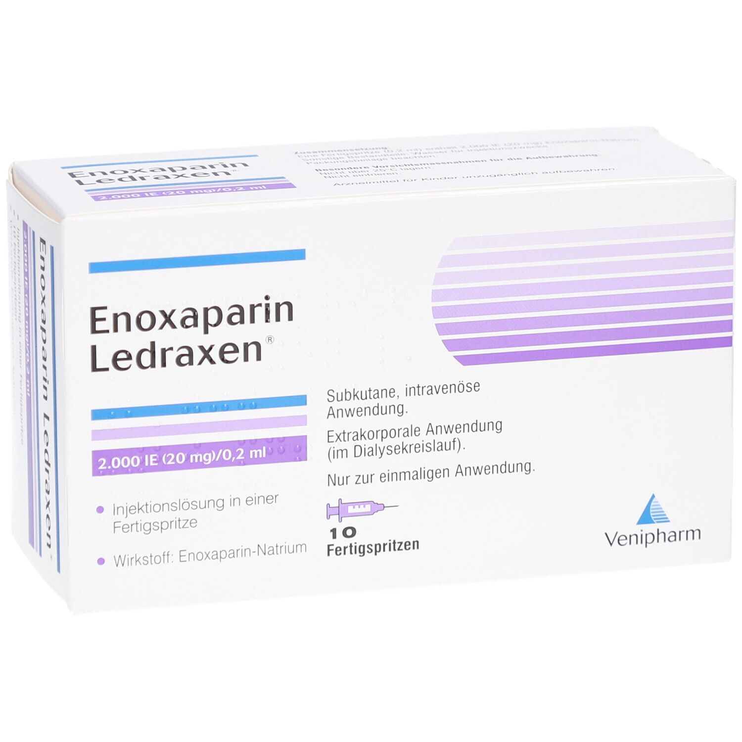 Enoxaparin Ledraxen Packung. Aufdruck: 2.000 IE (20 mg)/0,2 ml. 10 Fertigspritzen. Venipharm Logo.