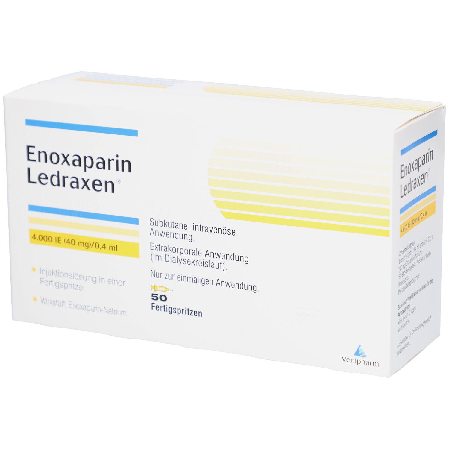 Karton von Enoxaparin Ledraxen. Enthält 50 Fertigspritzen. Aufschrift: 4.000 I.E. (40 mg/0,4 ml).