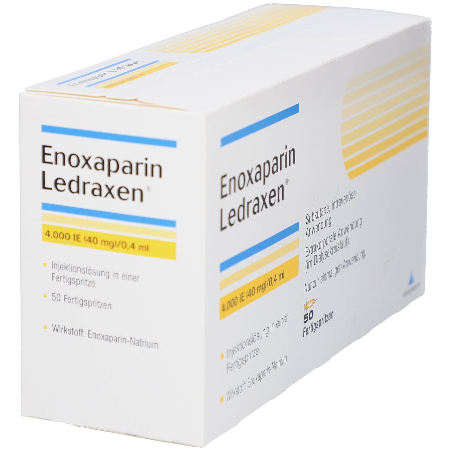 Karton von Enoxaparin Ledraxen. Enthält 50 Fertigspritzen. Aufschrift: 4.000 I.E. (40 mg/0,4 ml).