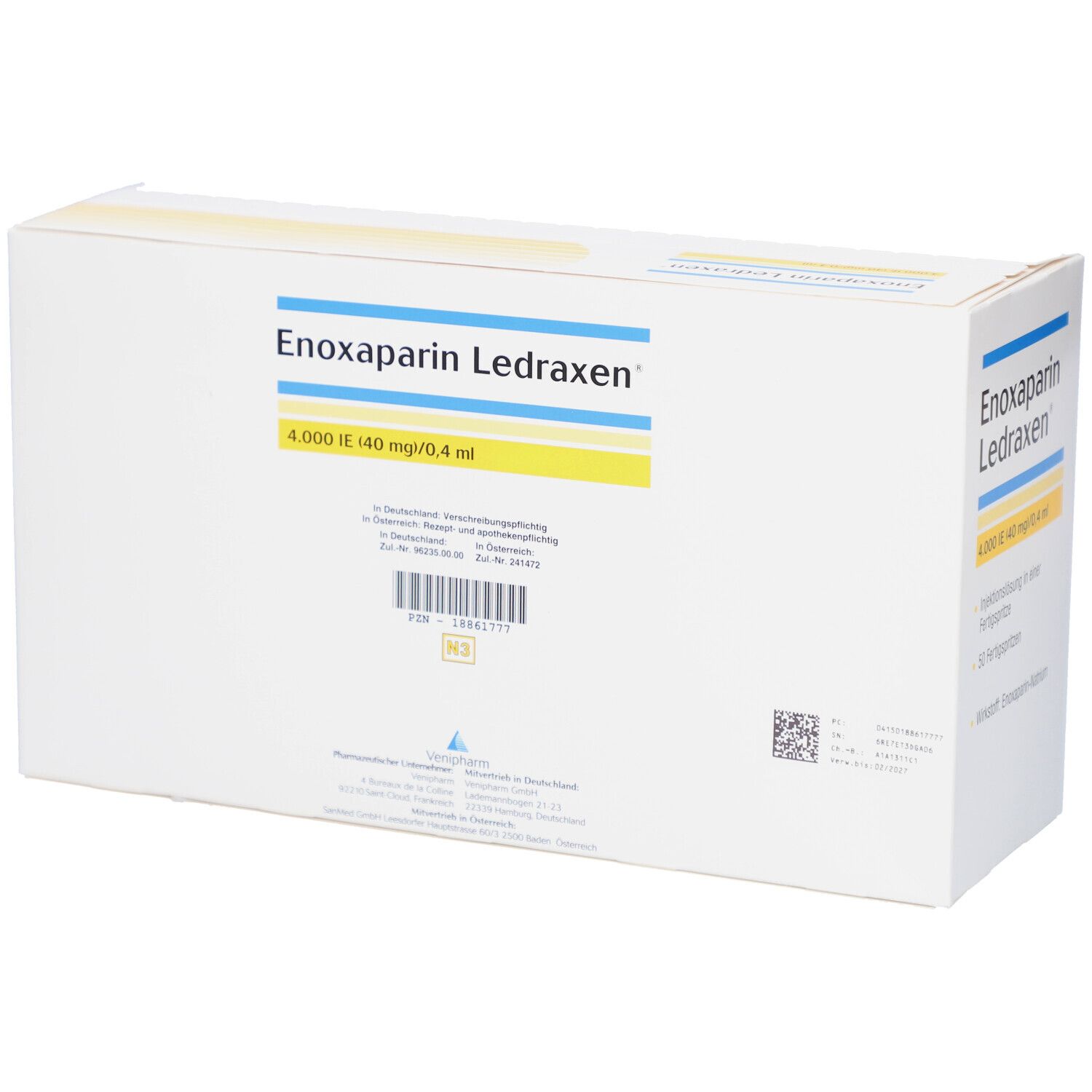 Karton von Enoxaparin Ledraxen. Aufschrift: 4.000 I.E. (40 mg/0,4 ml). Barcode und weitere Informationen.