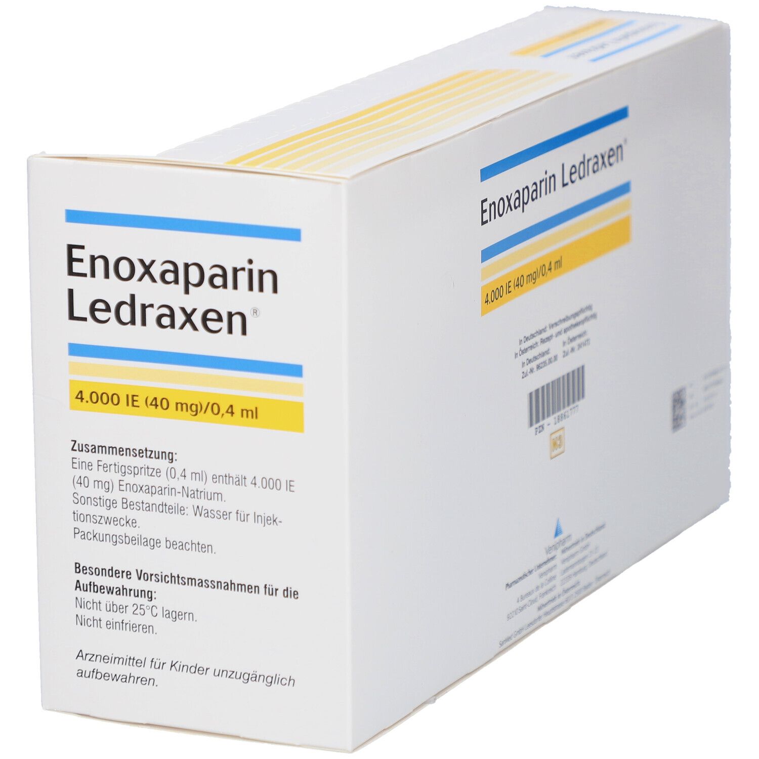 Karton von Enoxaparin Ledraxen. Aufschrift: 4.000 I.E. (40 mg/0,4 ml). Enthält Informationen zur Zusammensetzung.