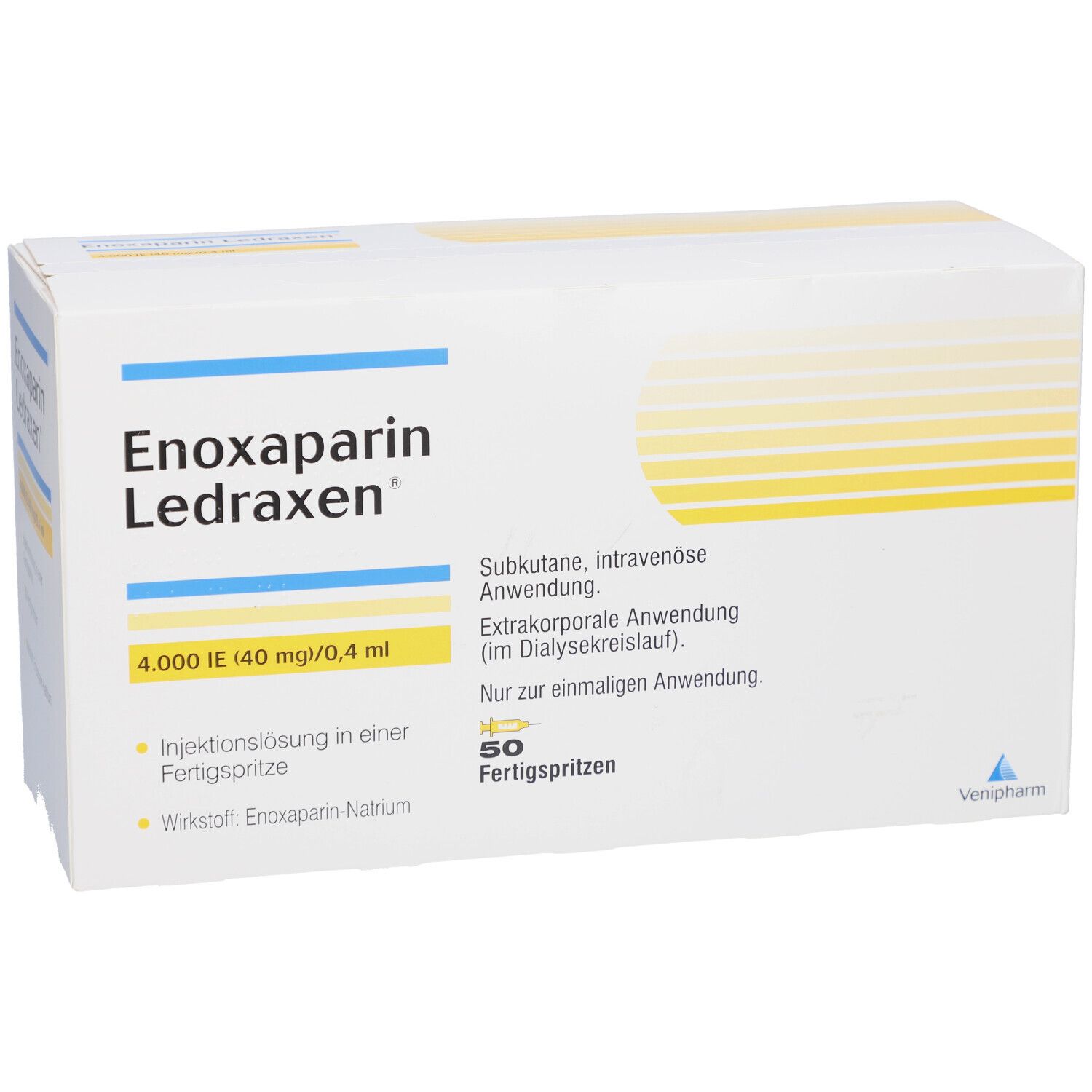 Karton von Enoxaparin Ledraxen. Enthält 50 Fertigspritzen. Aufschrift: 4.000 I.E. (40 mg/0,4 ml).