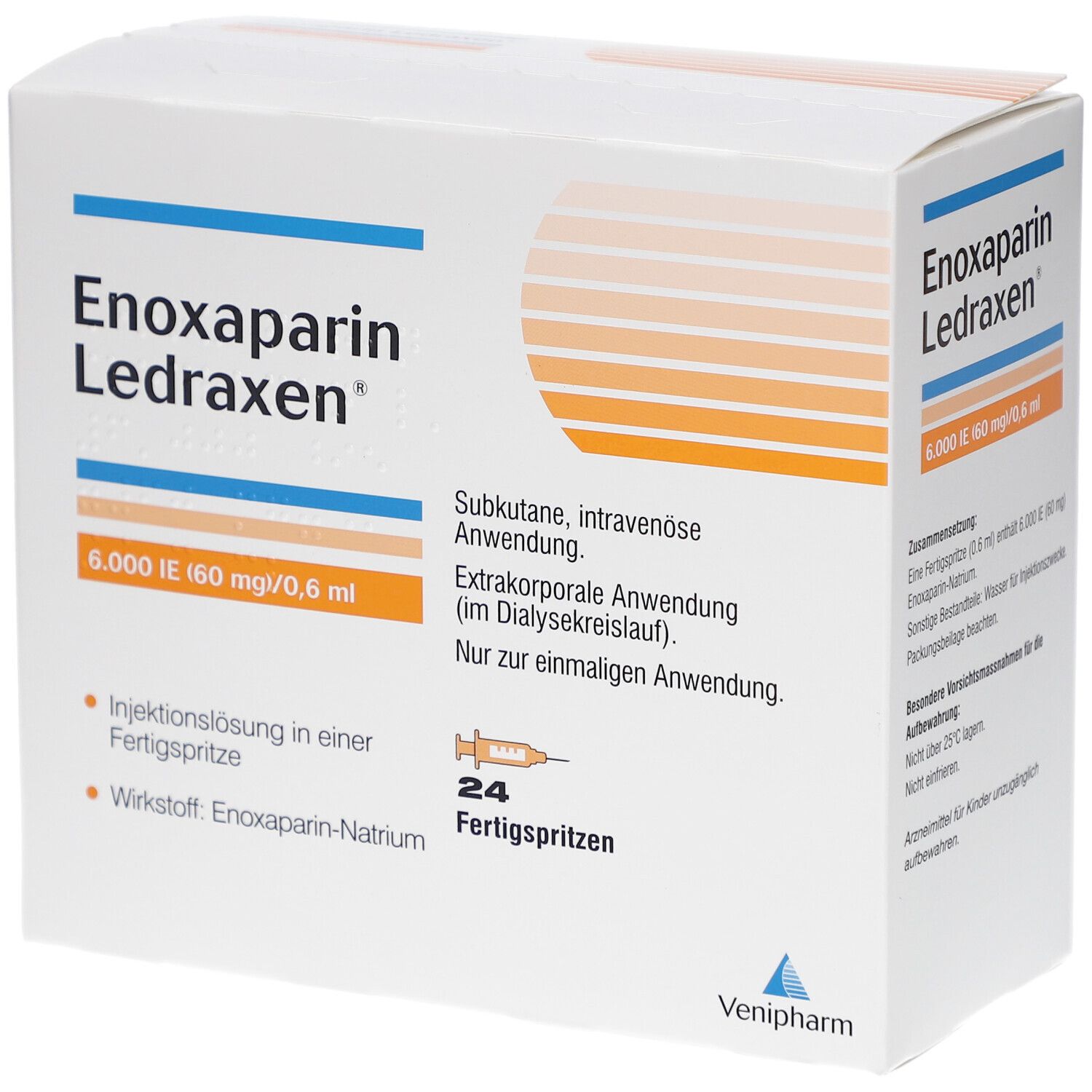 Schachtel mit Produktnamen Enoxaparin Ledraxen. Enthält 24 Fertigspritzen. Angaben zu Dosierung und Anwendung.