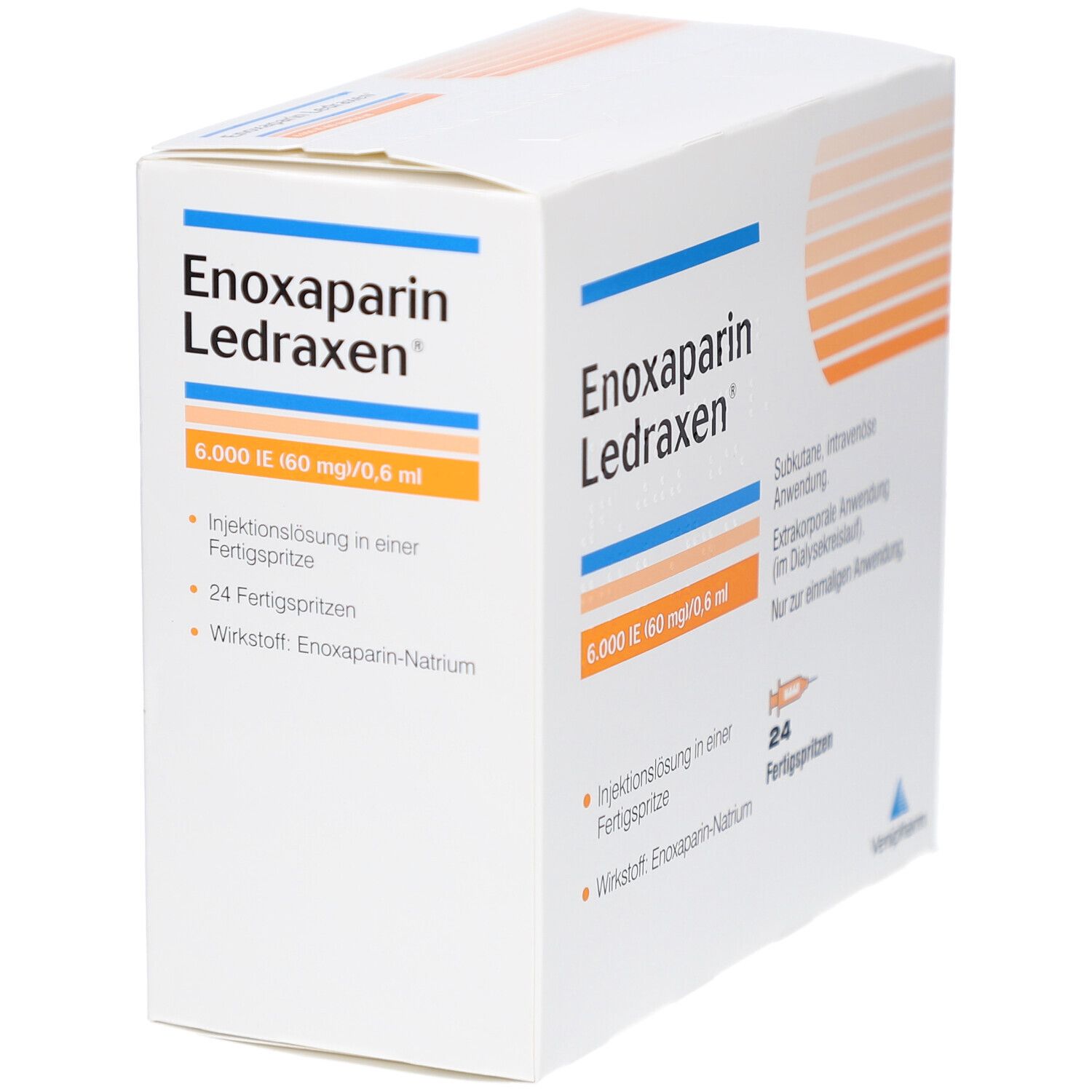 Schachtel Enoxaparin Ledraxen, 6.000 IE. Enthält 24 Fertigspritzen. Produktname und Dosierung deutlich sichtbar.