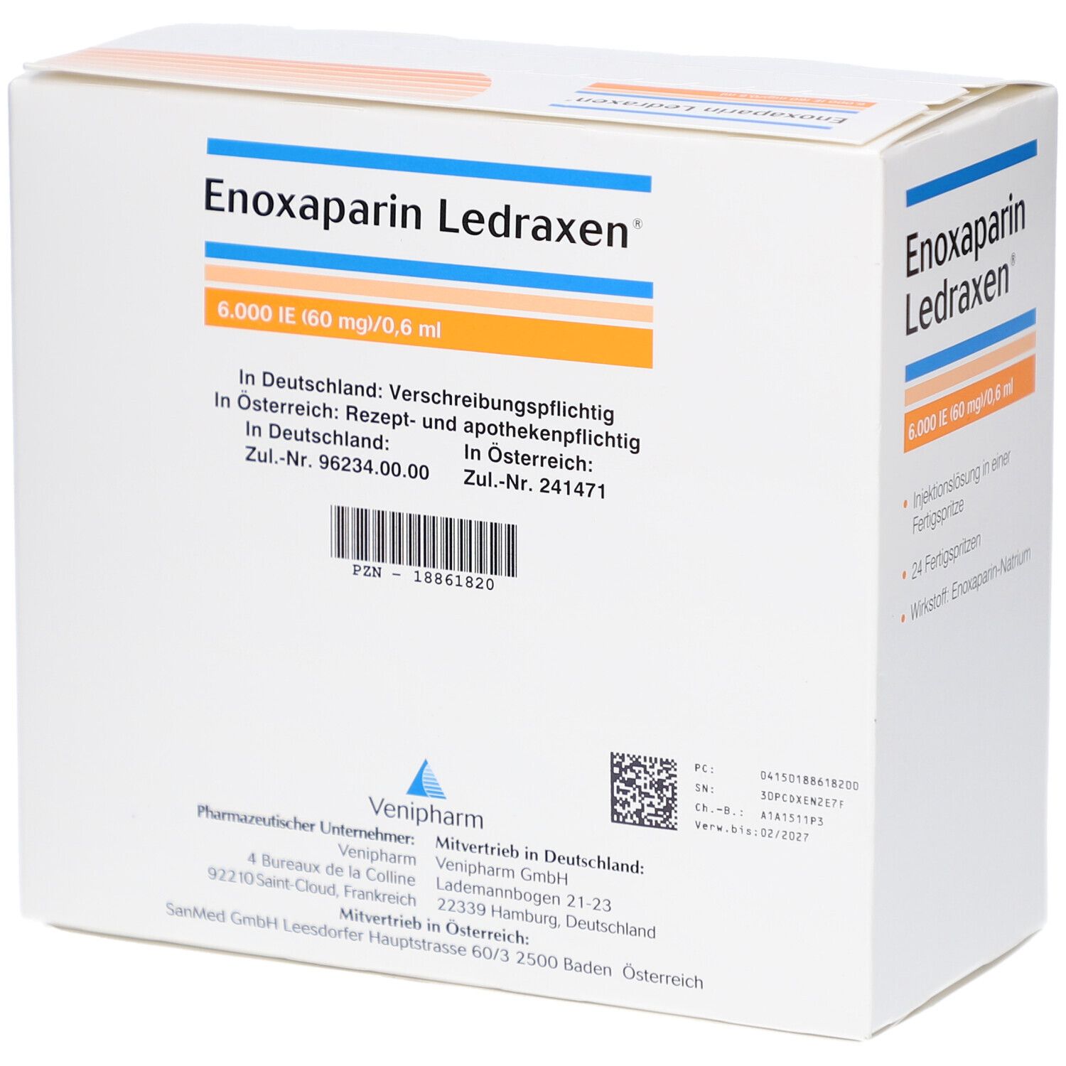 Schachtel Enoxaparin Ledraxen. Rückseite mit Informationen, Herstellerangaben und Zulassungsnummern.