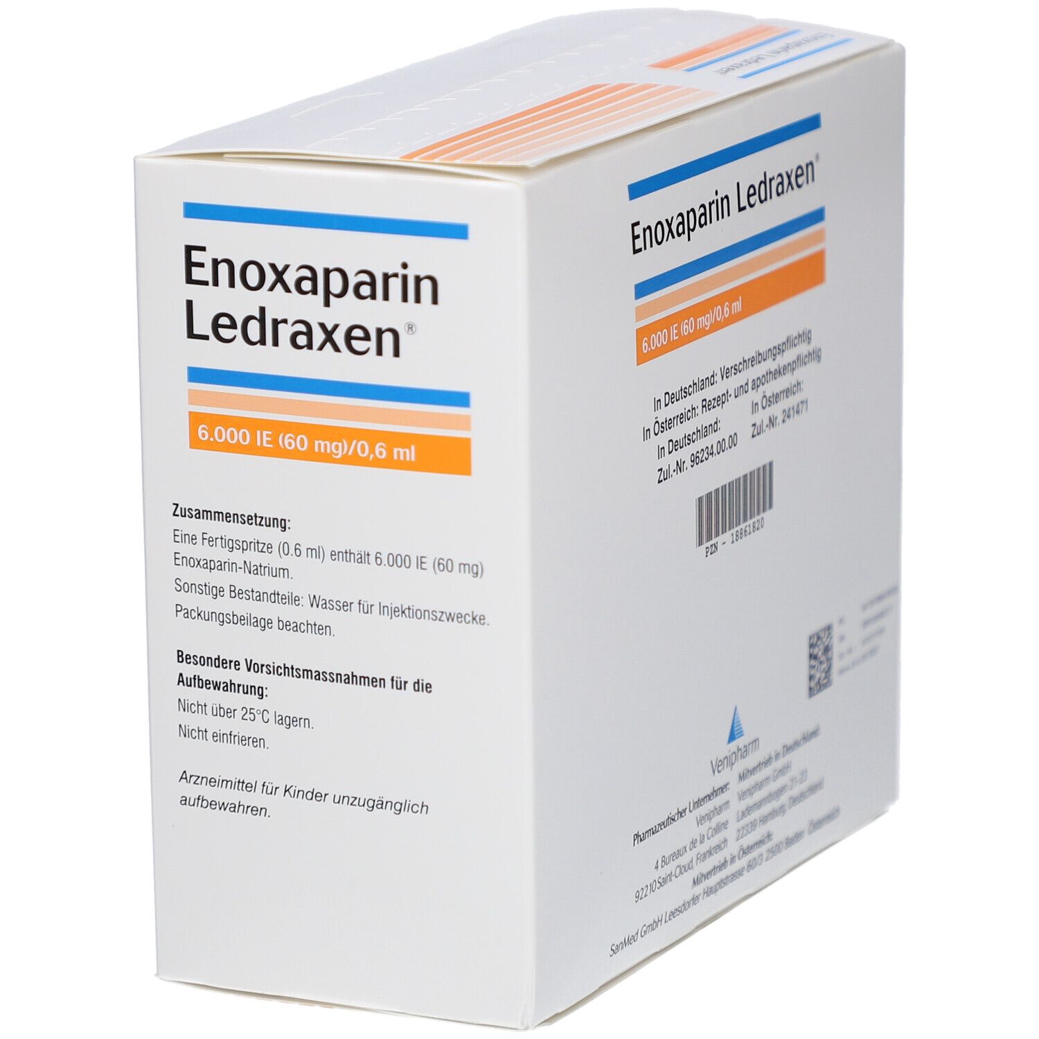 Schachtel Enoxaparin Ledraxen. Rückseite mit Informationen, Dosierung und Vorsichtshinweisen.