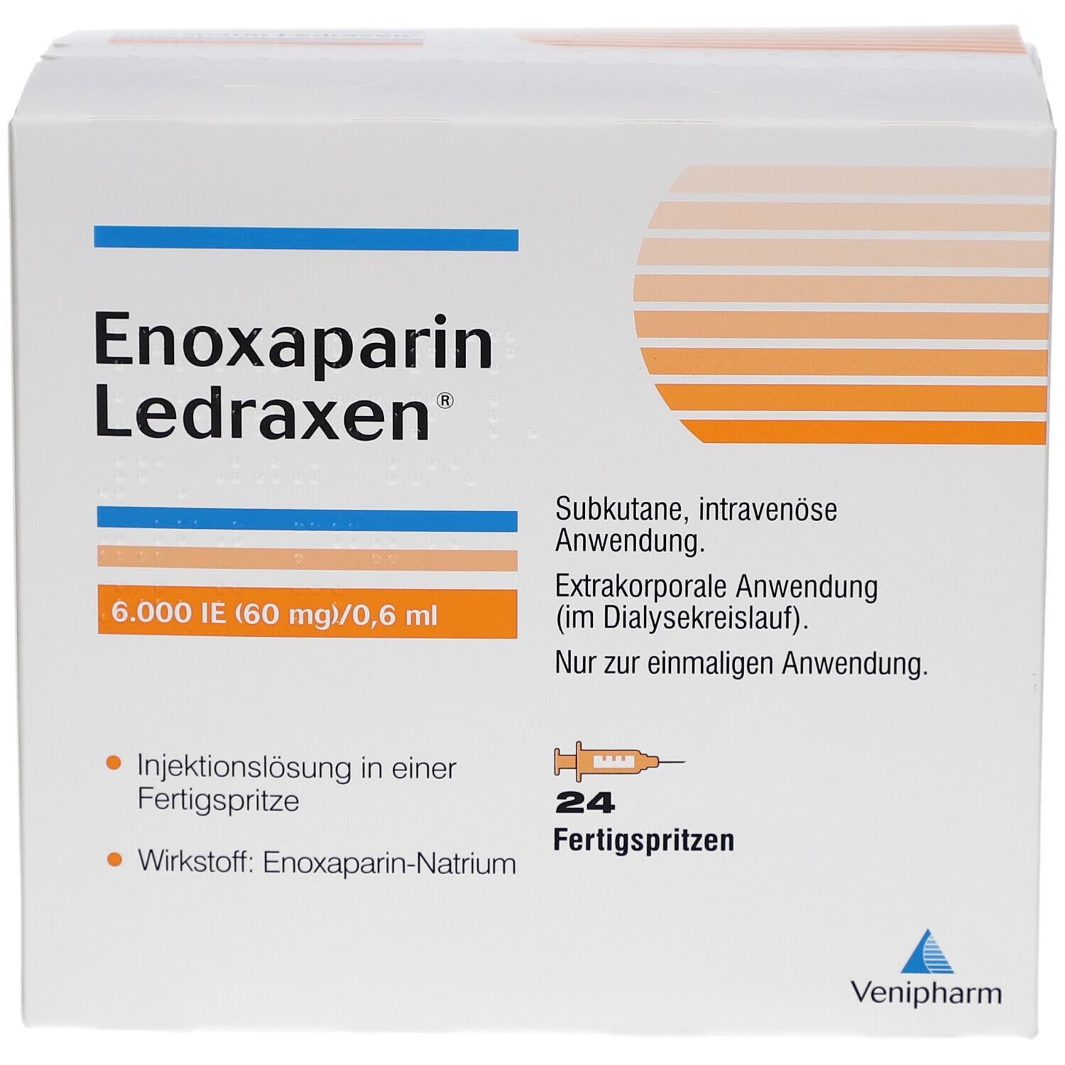 Schachtel Enoxaparin Ledraxen. Enthält 24 Fertigspritzen. Angaben zur Anwendung und Wirkstoff.