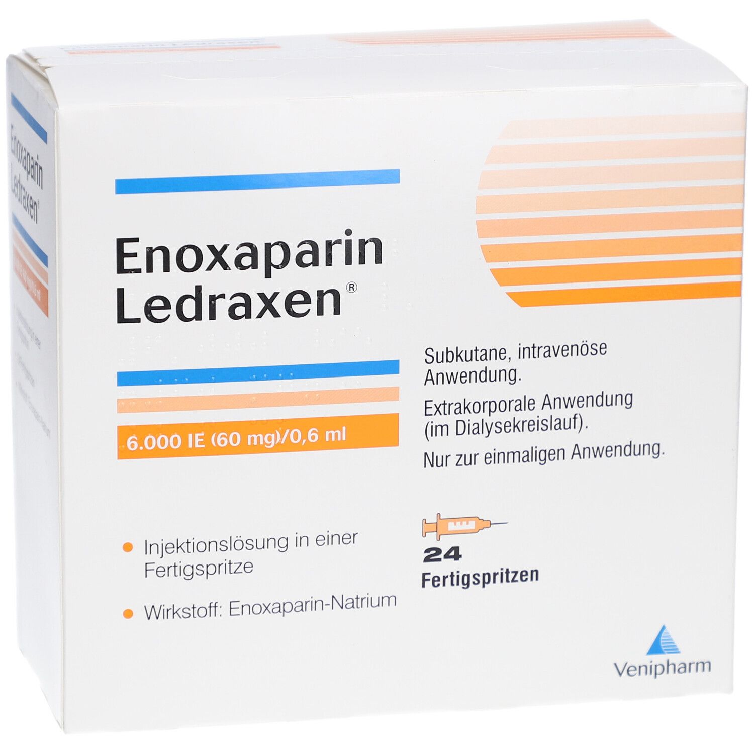 Schachtel Enoxaparin Ledraxen. Enthält 24 Fertigspritzen. Angaben zur Anwendung und Wirkstoff.
