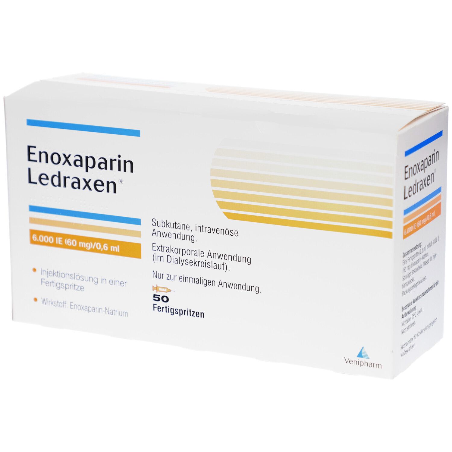 Schachtel mit Enoxaparin Ledraxen. Aufschrift: 6.000 IE 60 mg/0,6 ml. 50 Fertigspritzen. Veripharm.