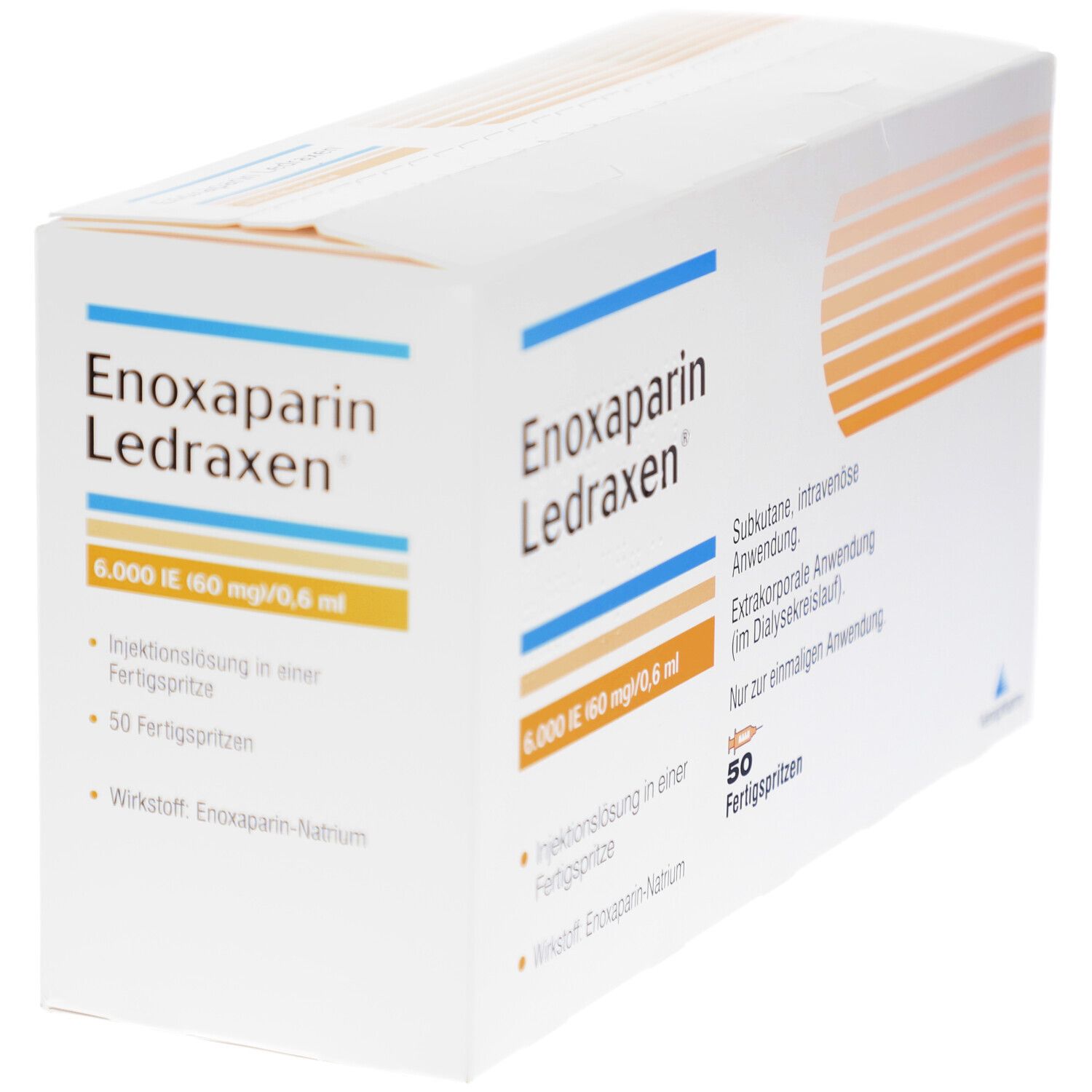 Schachtel Enoxaparin Ledraxen. Aufschrift: 6.000 IE 60 mg/0,6 ml. 50 Fertigspritzen. Veripharm.