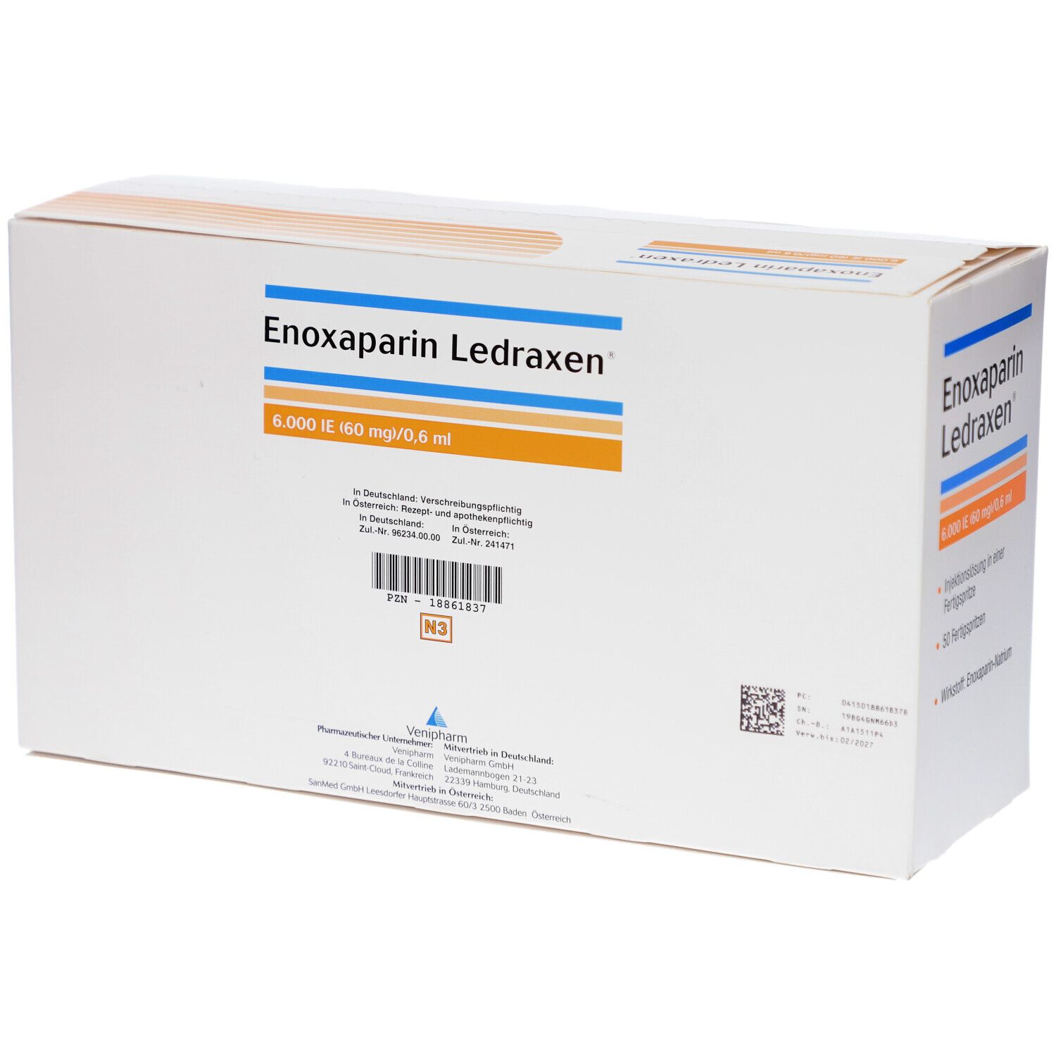 Schachtel Enoxaparin Ledraxen. Aufschrift: 6.000 IE 60 mg/0,6 ml. Veripharm.