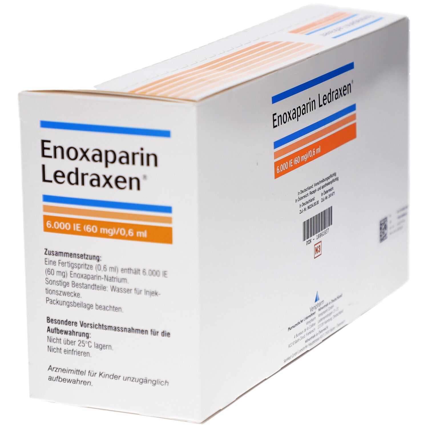 Schachtel Enoxaparin Ledraxen. Aufschrift: 6.000 IE 60 mg/0,6 ml. Enthält 50 Fertigspritzen.