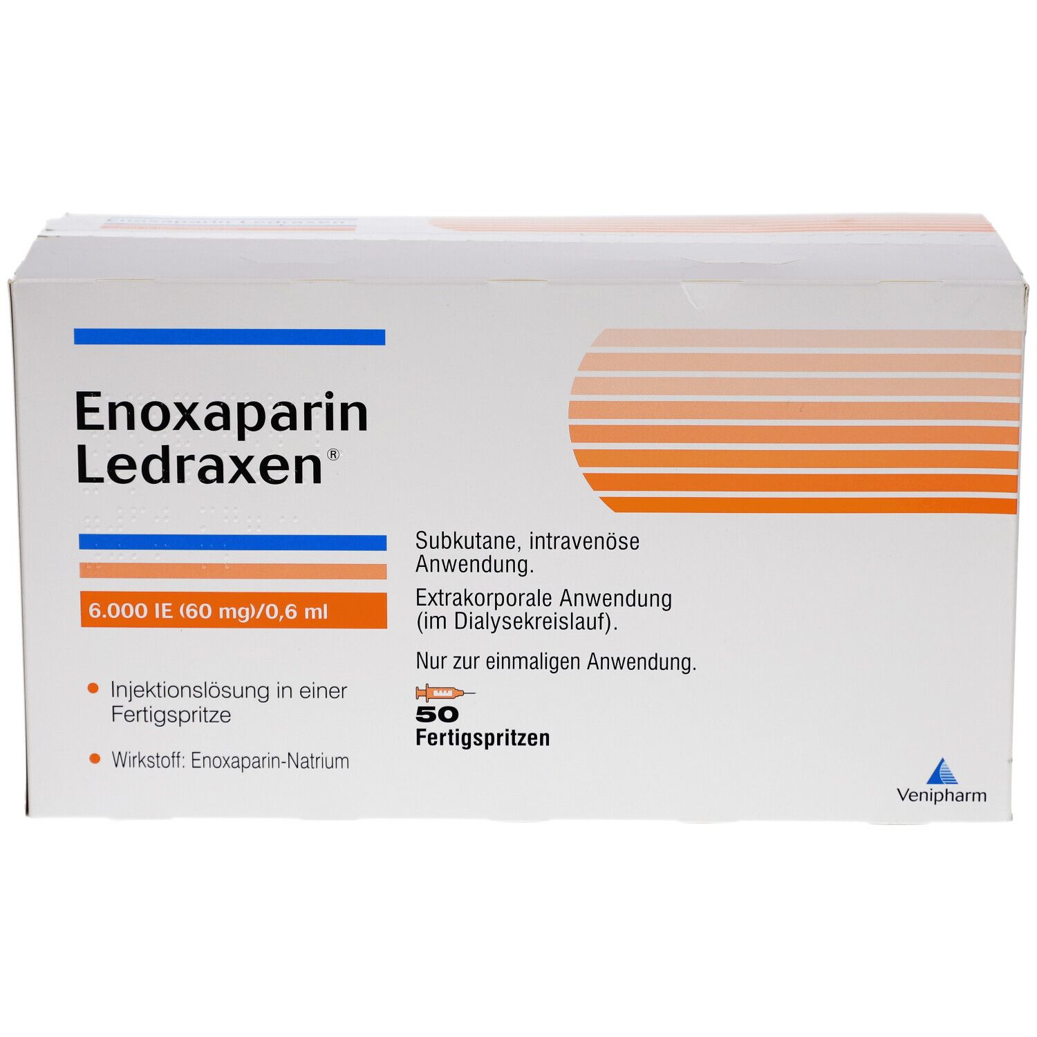 Schachtel Enoxaparin Ledraxen. Aufschrift: 6.000 IE 60 mg/0,6 ml. 50 Fertigspritzen. Veripharm.
