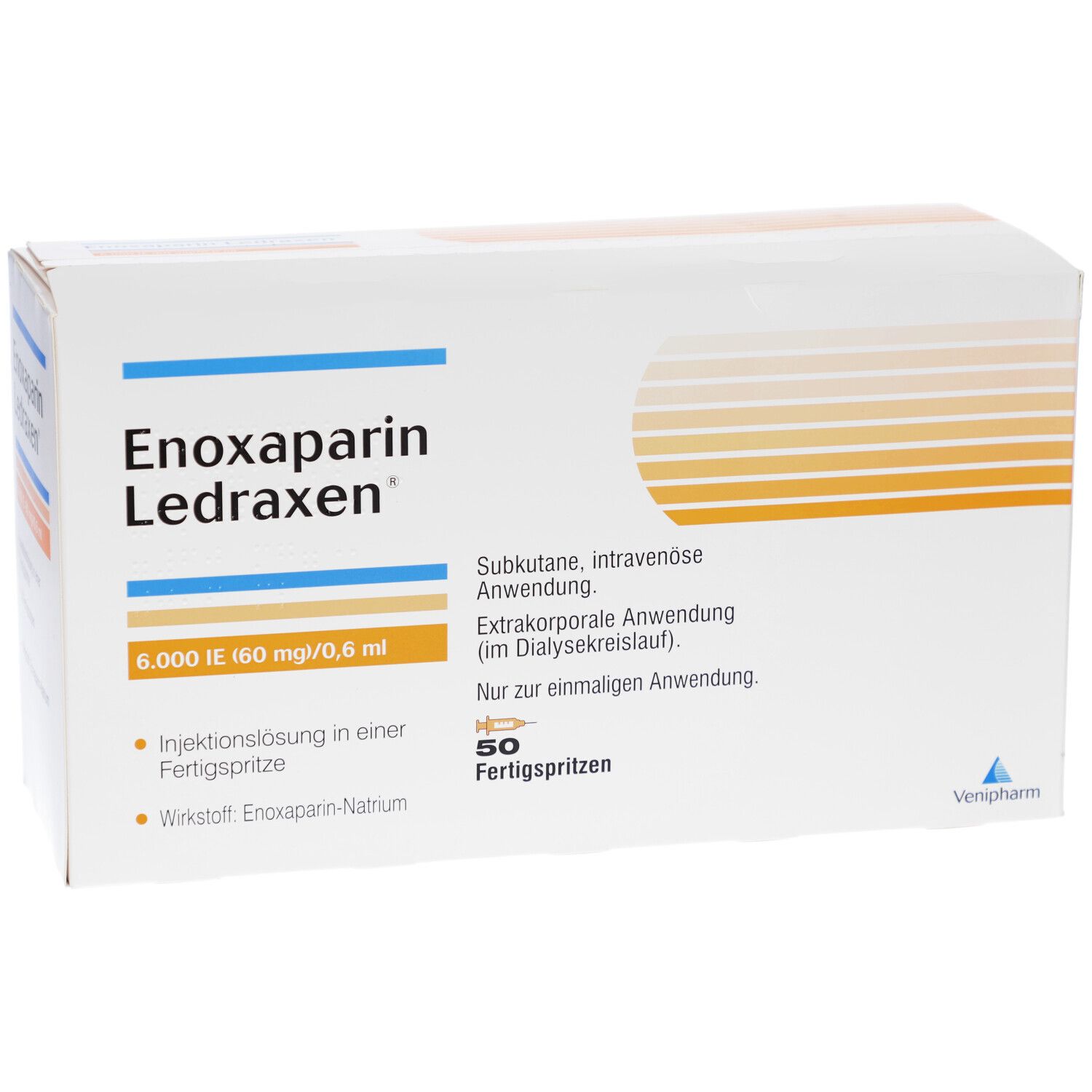 Schachtel Enoxaparin Ledraxen. Aufschrift: 6.000 IE 60 mg/0,6 ml. 50 Fertigspritzen. Veripharm.