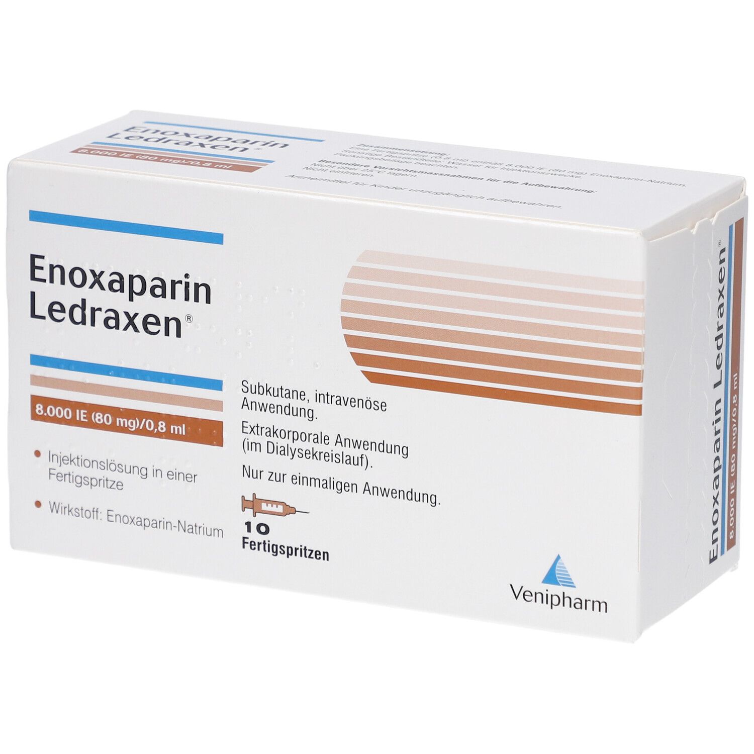 Verpackung von Enoxaparin Ledraxen. Aufschrift: 8.000 I.E. (80 mg)/0,8 ml. Enthält 10 Fertigspritzen. Venipharm Logo.