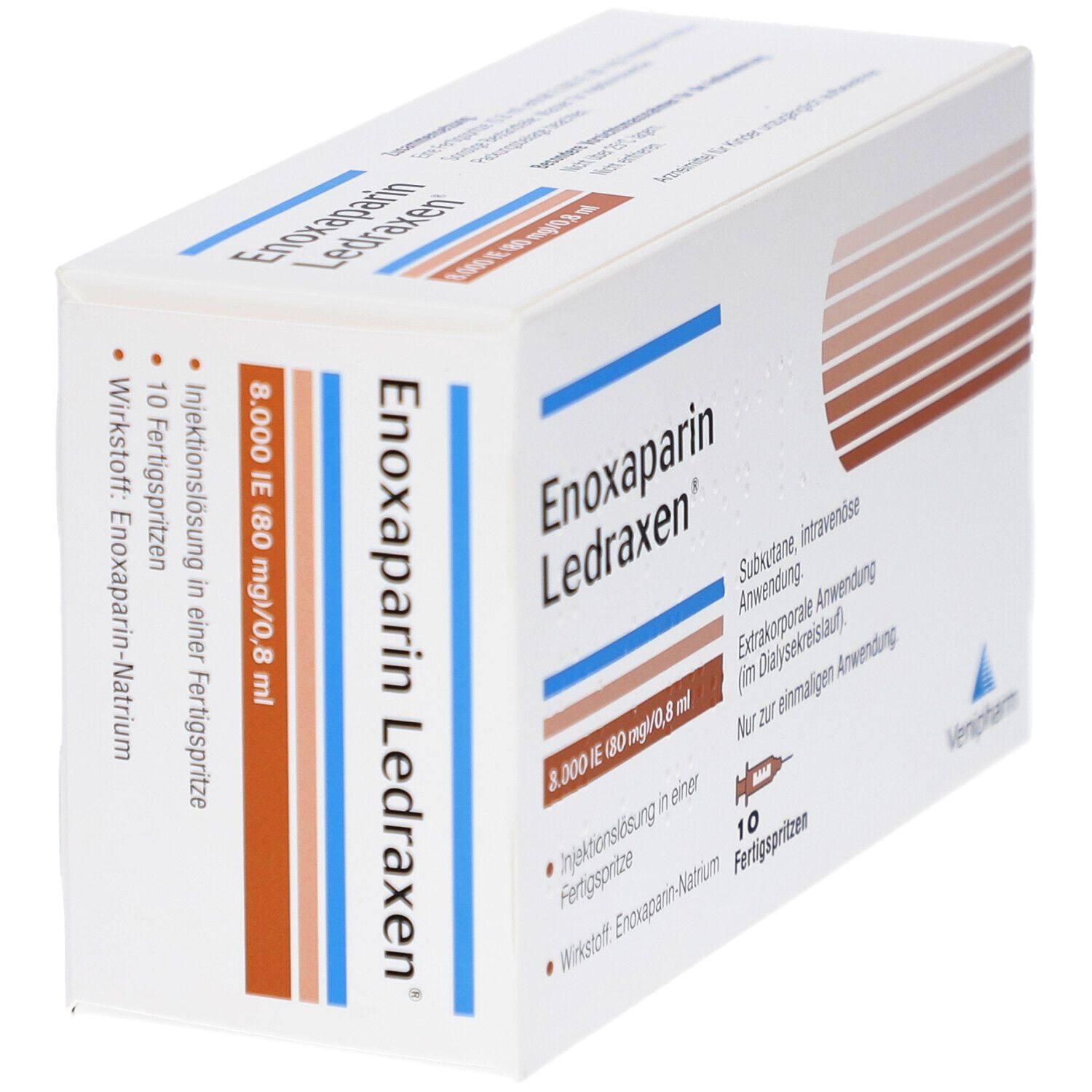 Schrägansicht der Enoxaparin Ledraxen Verpackung. Aufschrift: 8.000 I.E. (80 mg)/0,8 ml. Enthält 10 Fertigspritzen. Venipharm Logo.
