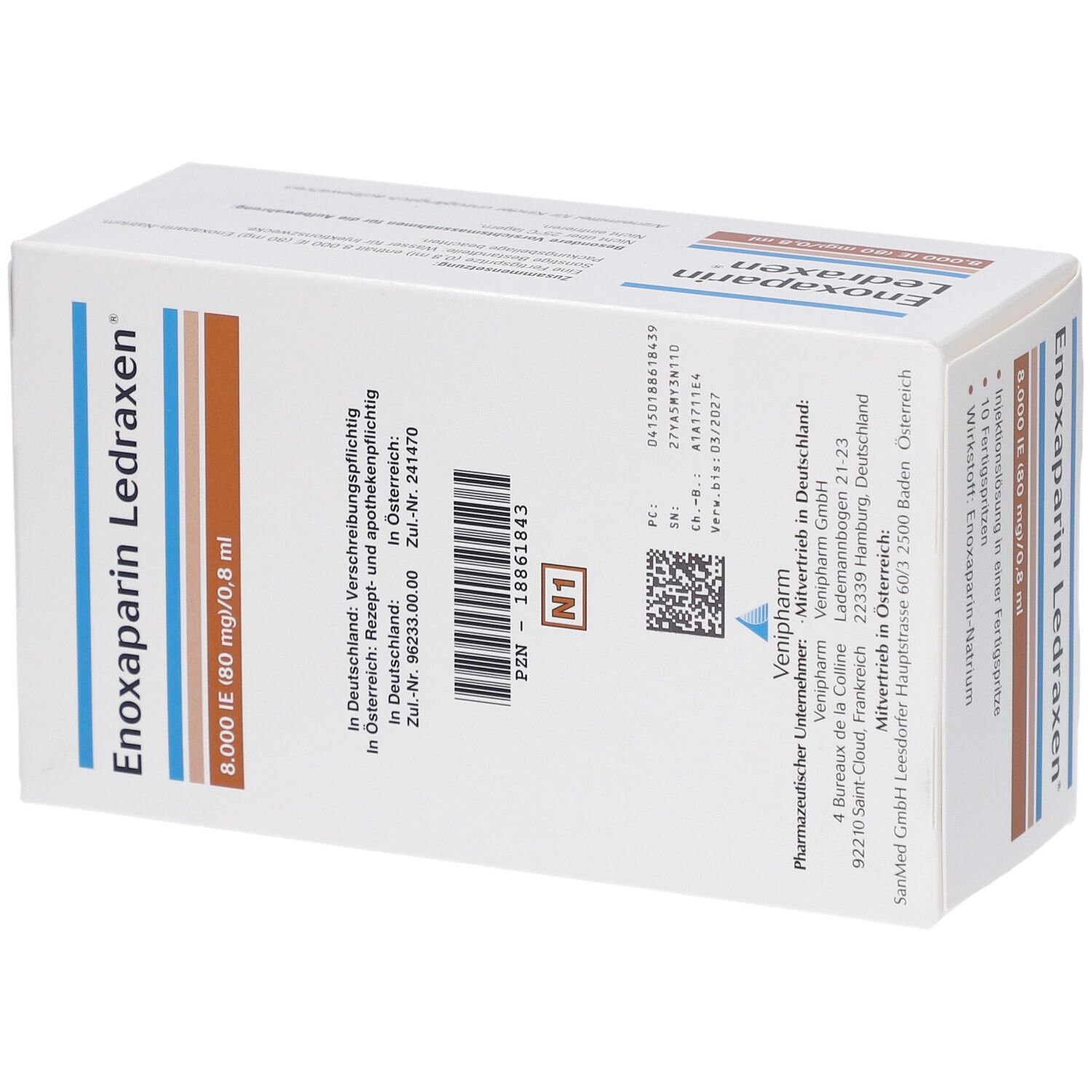 Rückseite der Enoxaparin Ledraxen Verpackung. Enthält Informationen zur Herstellung und Zulassung. Venipharm Logo.
