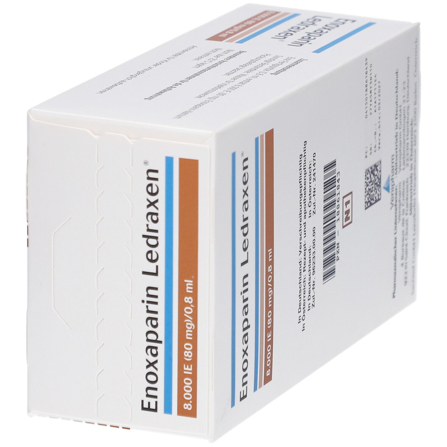 Schrägansicht der Enoxaparin Ledraxen Verpackung. Aufschrift: 8.000 I.E. (80 mg)/0,8 ml. Venipharm Logo.