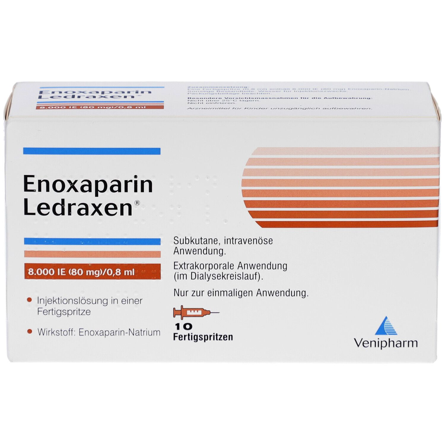 Vorderseite der Enoxaparin Ledraxen Verpackung. Aufschrift: 8.000 I.E. (80 mg)/0,8 ml. Enthält 10 Fertigspritzen. Venipharm Logo.