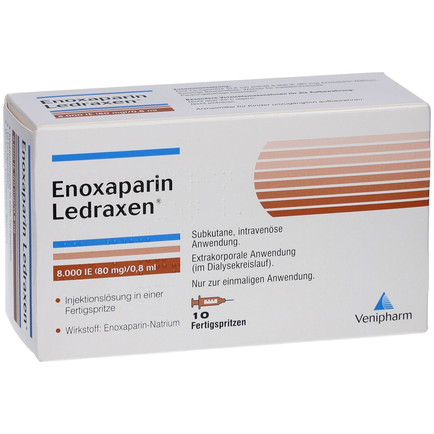 Vorderseite der Enoxaparin Ledraxen Verpackung. Aufschrift: 8.000 I.E. (80 mg)/0,8 ml. Enthält 10 Fertigspritzen. Venipharm Logo.